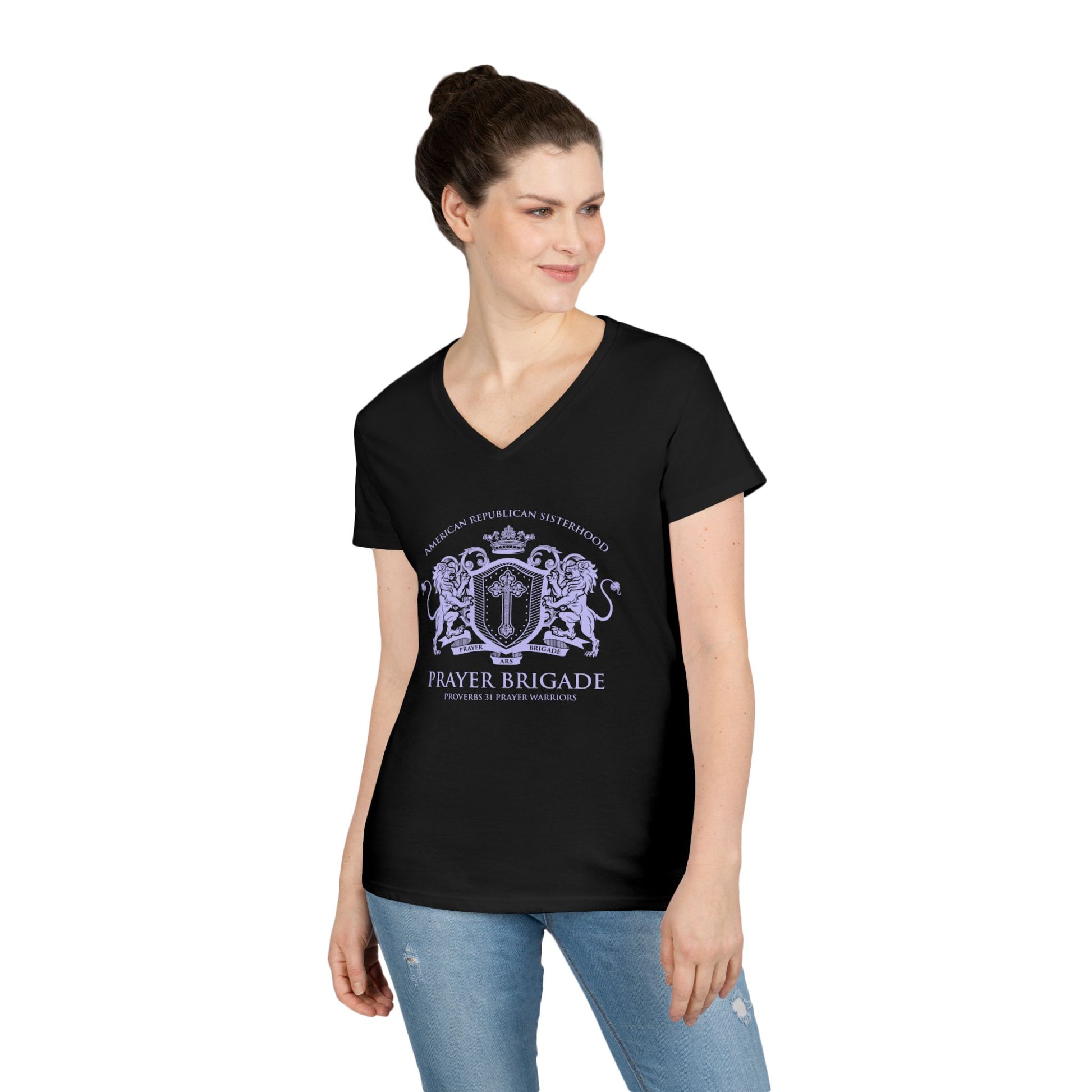 ARS Prayer Brigade Ladies' V-Neck T-Shirt (Pink with Lilac Logo) - Sweet Baby Jeez Teez