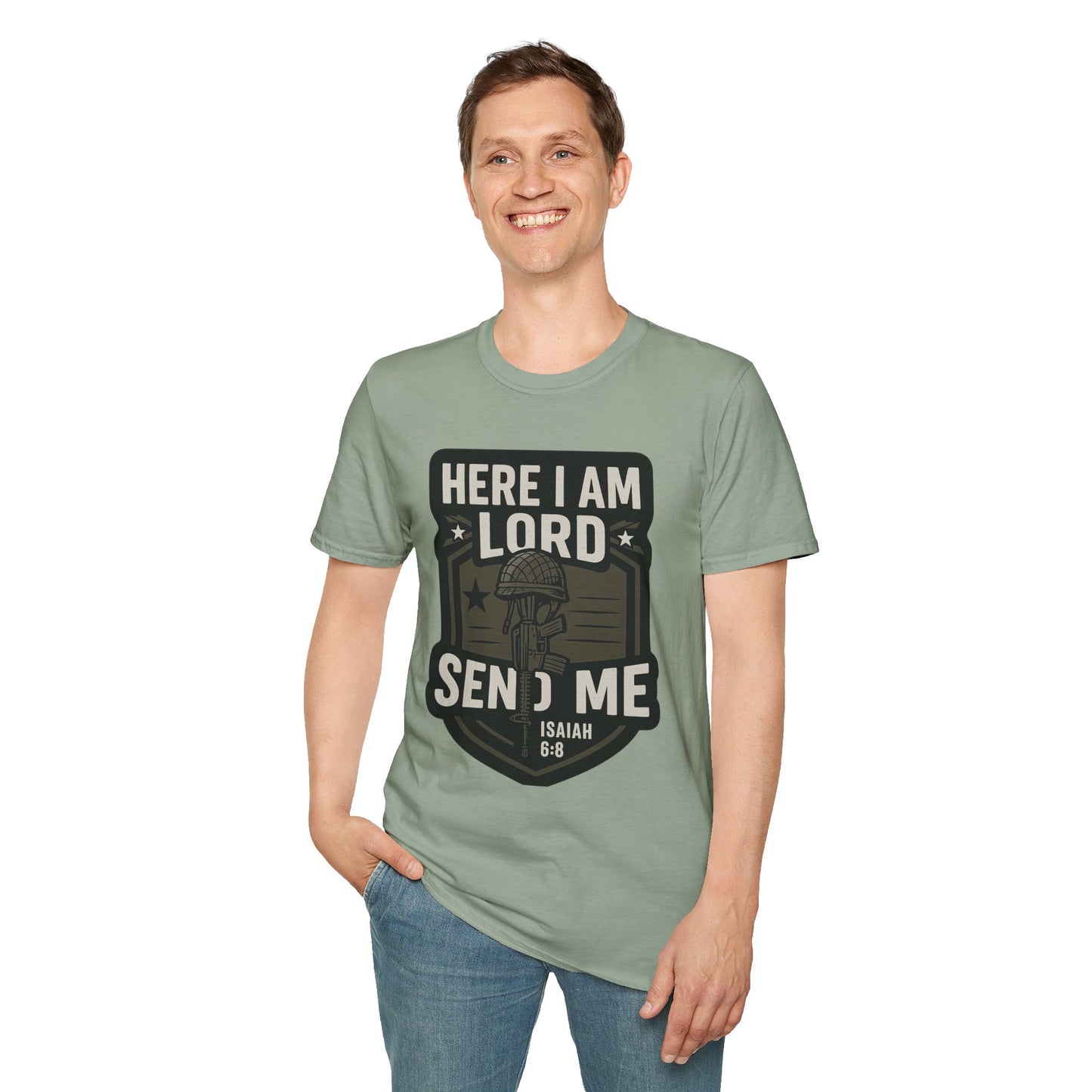"Here I Am Lord Send Me" Bible Verse Inspirational Faith T-Shirt (Military Logo)