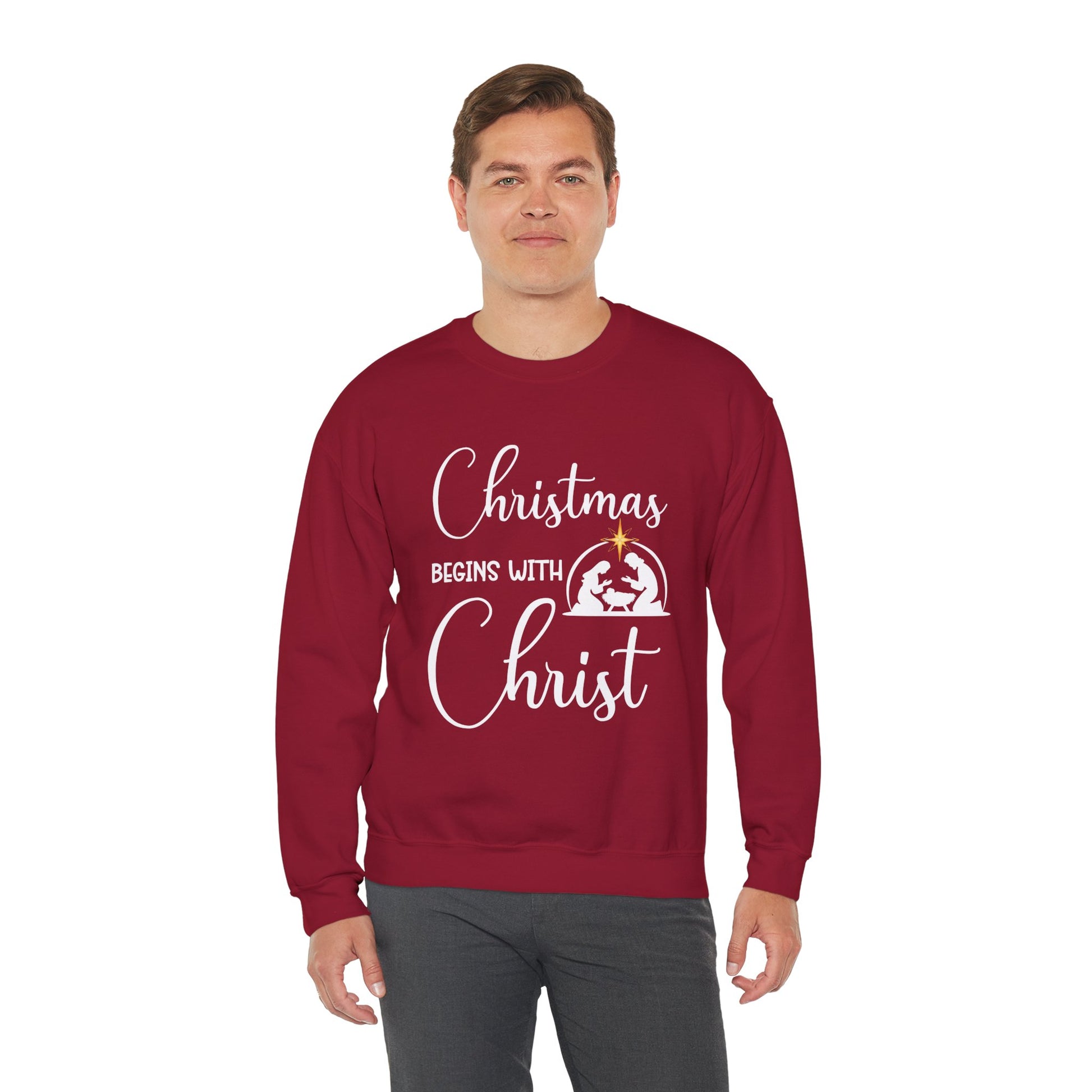 Christmas Begins with Christ Heavy Crewneck Sweatshirt (White/Gold Logo) - Sweet Baby Jeez Teez