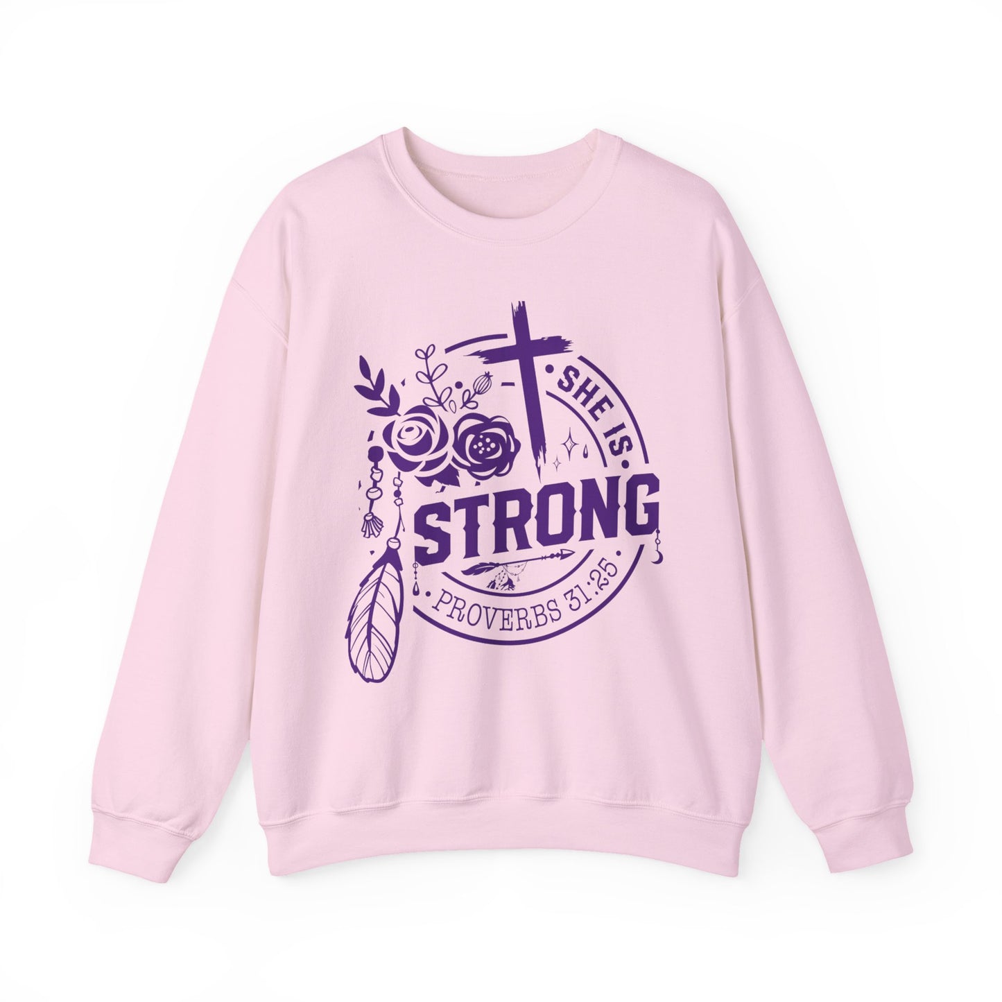 "She is Strong" Proverbs 31:25 Bible Verse Women's Sweatshirt (Plum Logo)
