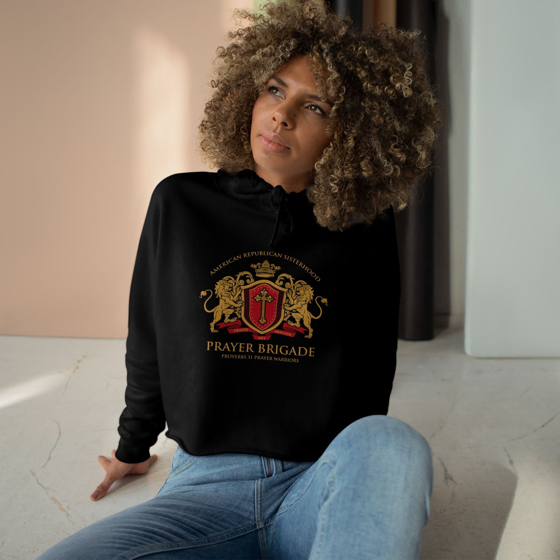 ARS Prayer Brigade Crop Hoodie (Gold/Red Logo) - Sweet Baby Jeez Teez