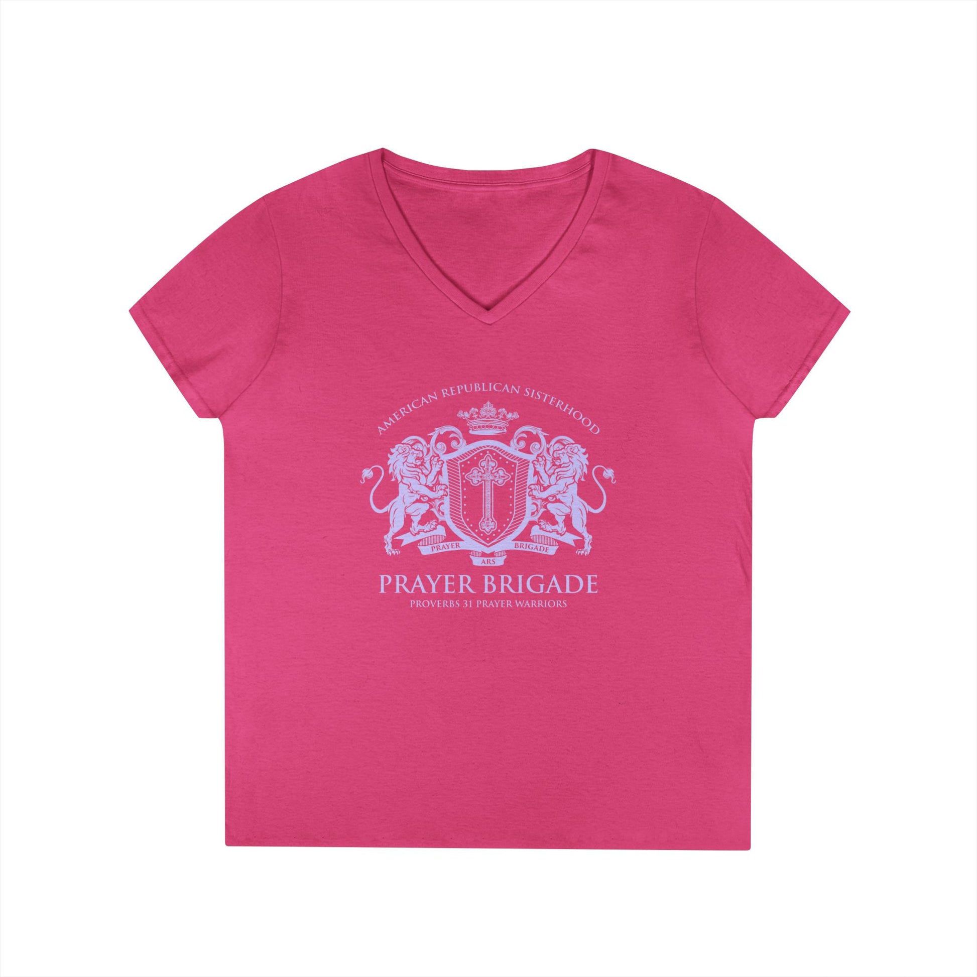 ARS Prayer Brigade Ladies' V-Neck T-Shirt (Pink with Lilac Logo) - Sweet Baby Jeez Teez