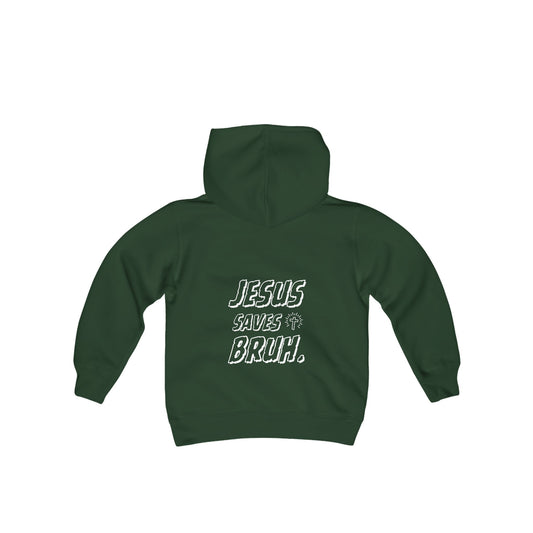 Jesus Saves Bruh Boys Hoodie (White Logo  - Back) - Sweet Baby Jeez Teez