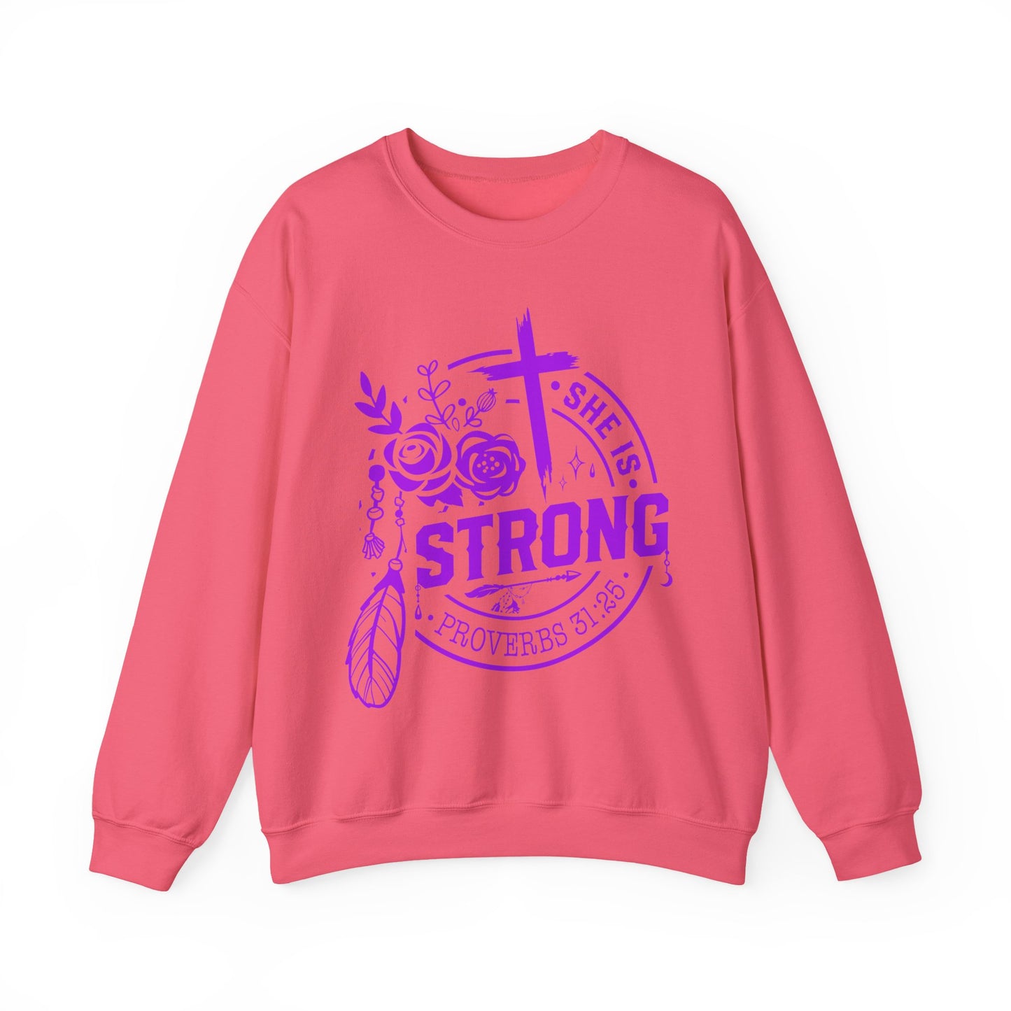 "She is Strong" Proverbs 31:25 Bible Verse Women's Sweatshirt (Hot Pink Logo)