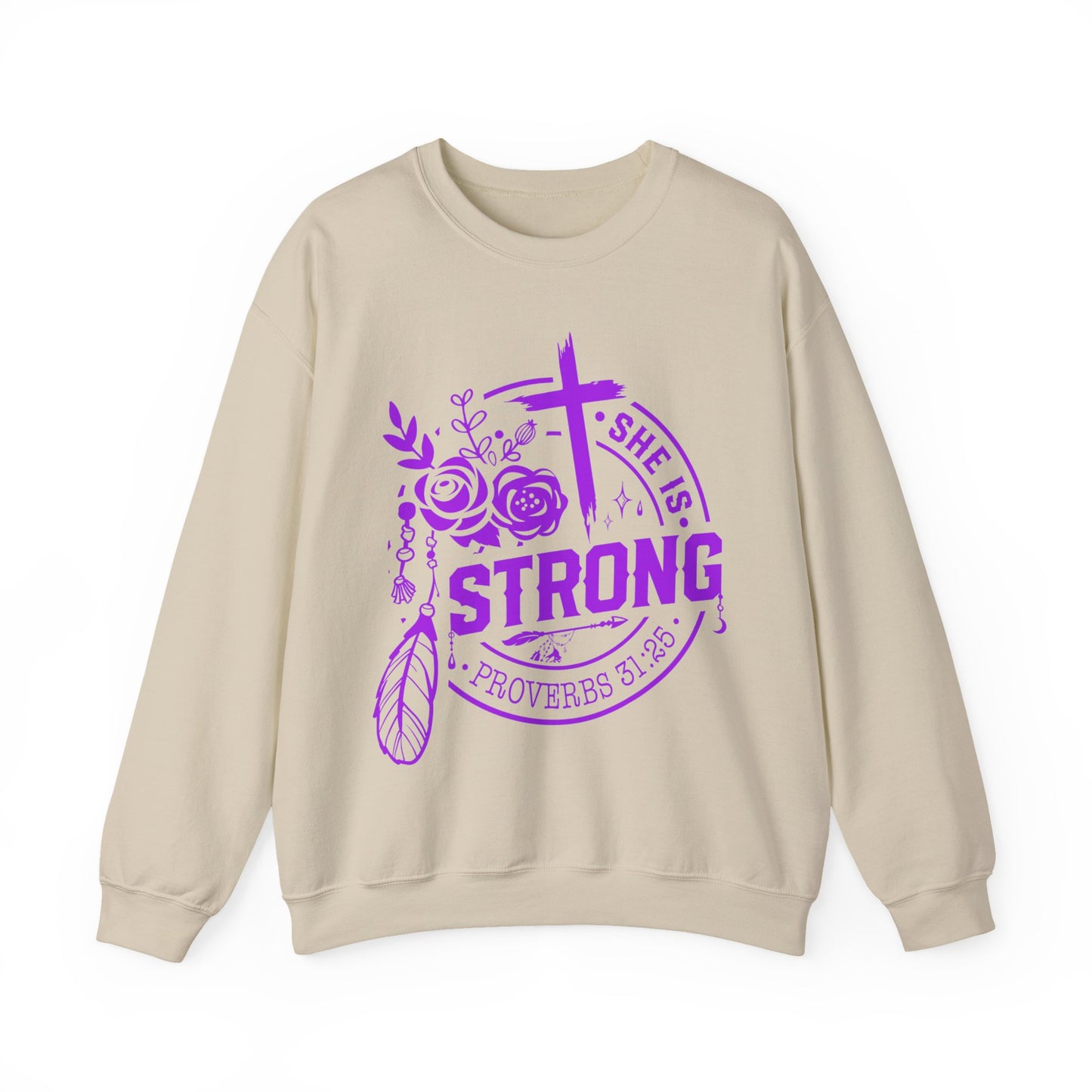 "She is Strong" Proverbs 31:25 Bible Verse Women's Sweatshirt (Hot Pink Logo)