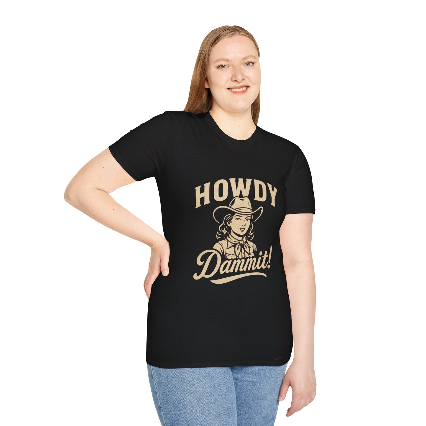 Howdy Dammit! Aggie Texas Cowgirl Softstyle Tshirt (Gold Logo)
