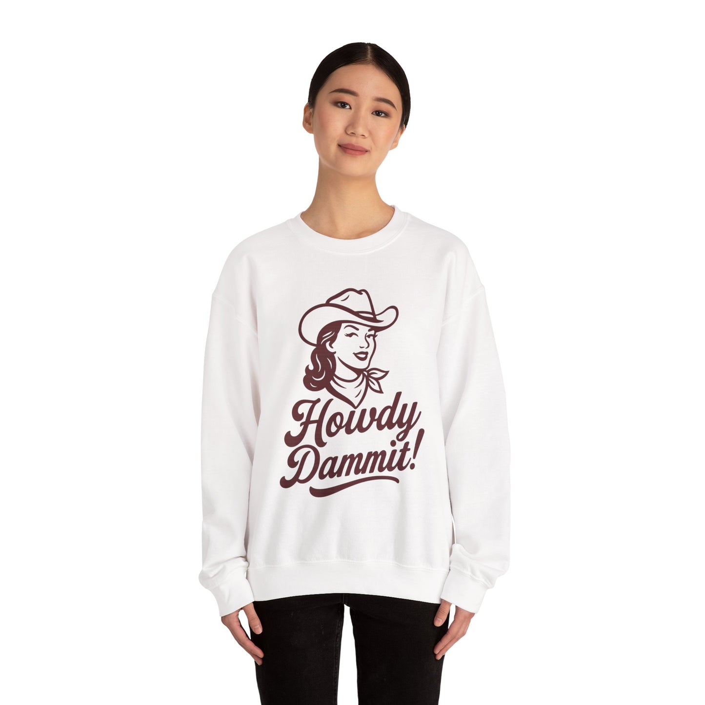 Howdy Dammit! Aggie Texas Cowgirl Cozy Unisex Sweatshirt (Maroon Logo)
