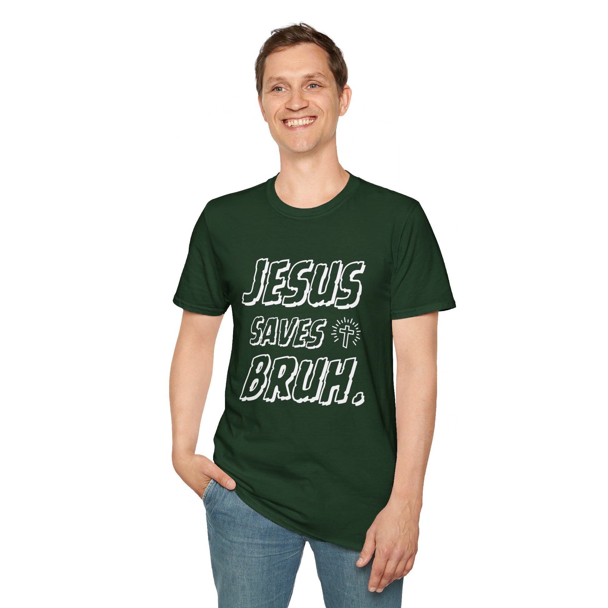 Jesus Saves Bruh Men's Tshirt (White Logo) - Sweet Baby Jeez Teez