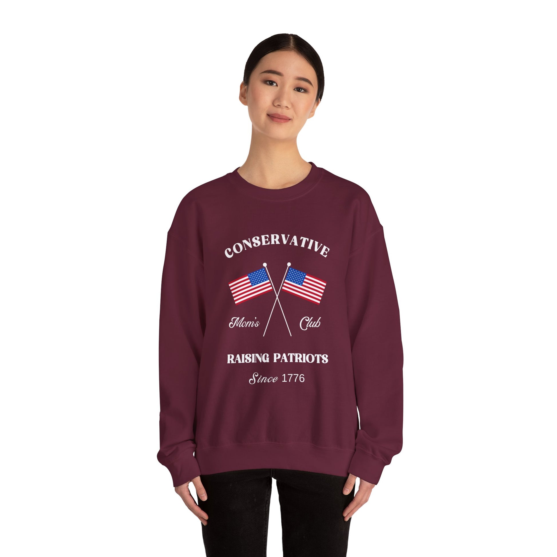 Conservative Mom's Club Crewneck Sweatshirt - Raising Patriots Since 1776 (White Logo) - Sweet Baby Jeez Teez