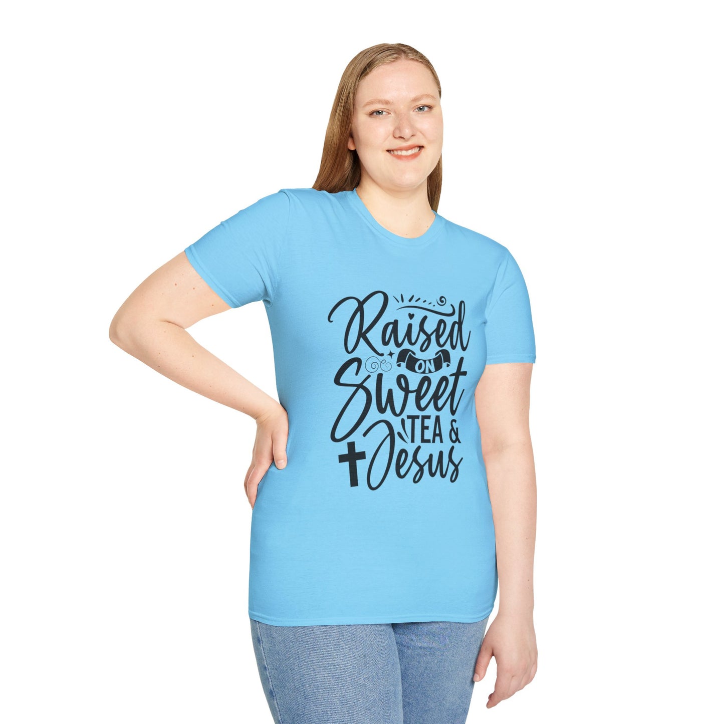 Sweet Tea and Jesus Women's Relaxed/Plus Tshirt (Black Logo) - Sweet Baby Jeez Teez