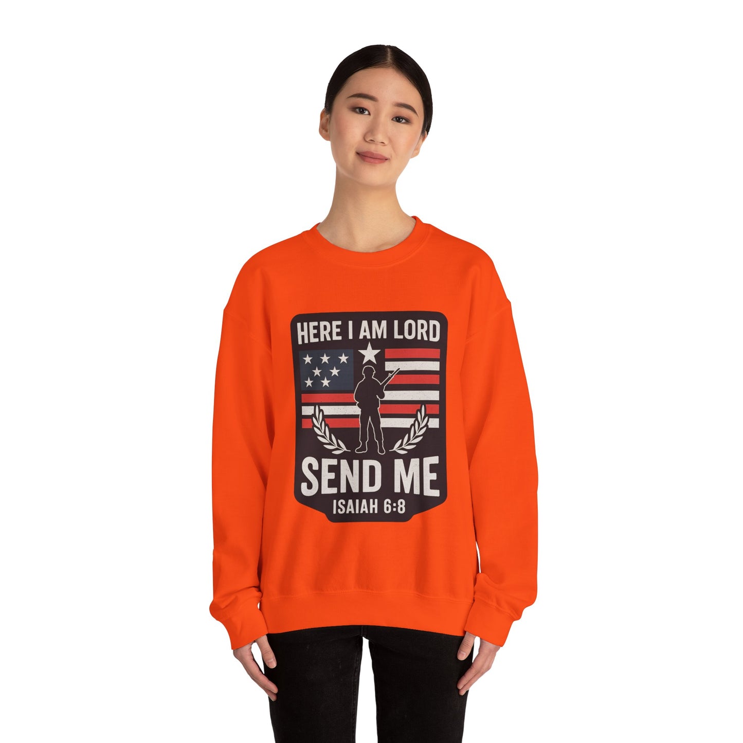 "Here I Am Lord" Isaiah 6:8 Bible Verse Christian Sweatshirt (Soldier Logo)