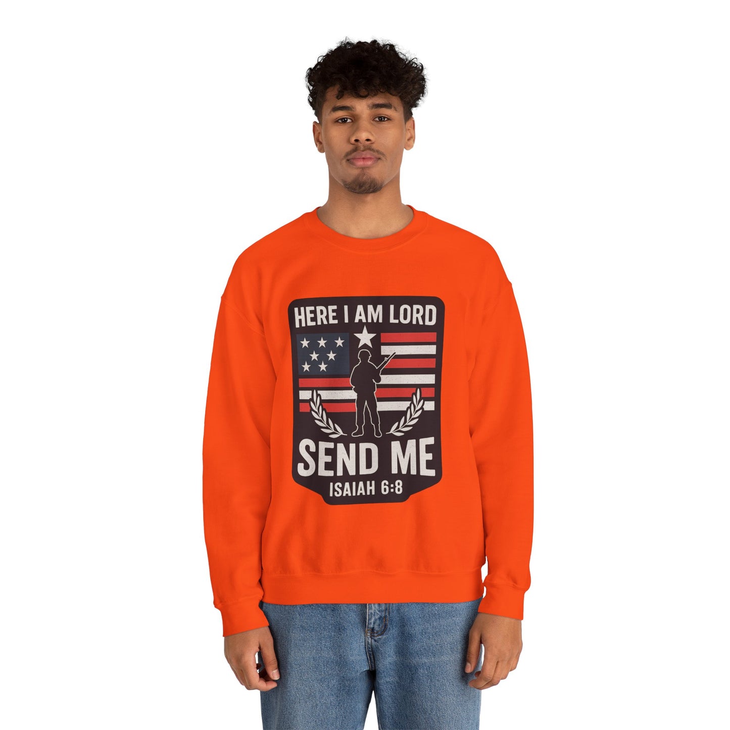 "Here I Am Lord" Isaiah 6:8 Bible Verse Christian Sweatshirt (Soldier Logo)