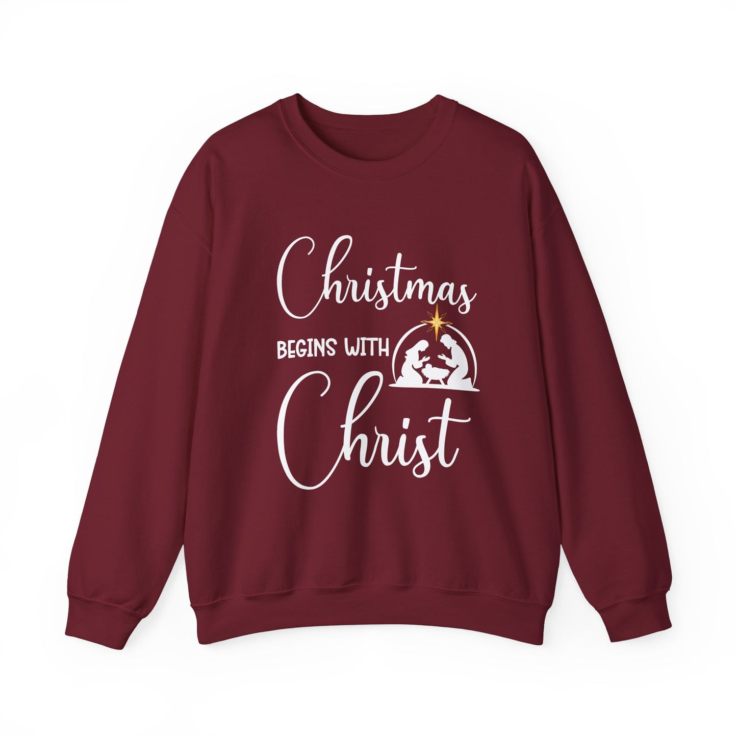 Christmas Begins with Christ Heavy Crewneck Sweatshirt (White/Gold Logo) - Sweet Baby Jeez Teez