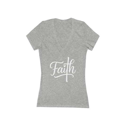 Cross-ed T Faith Christian Women's Deep V Fitted Tshirt (White Logo)