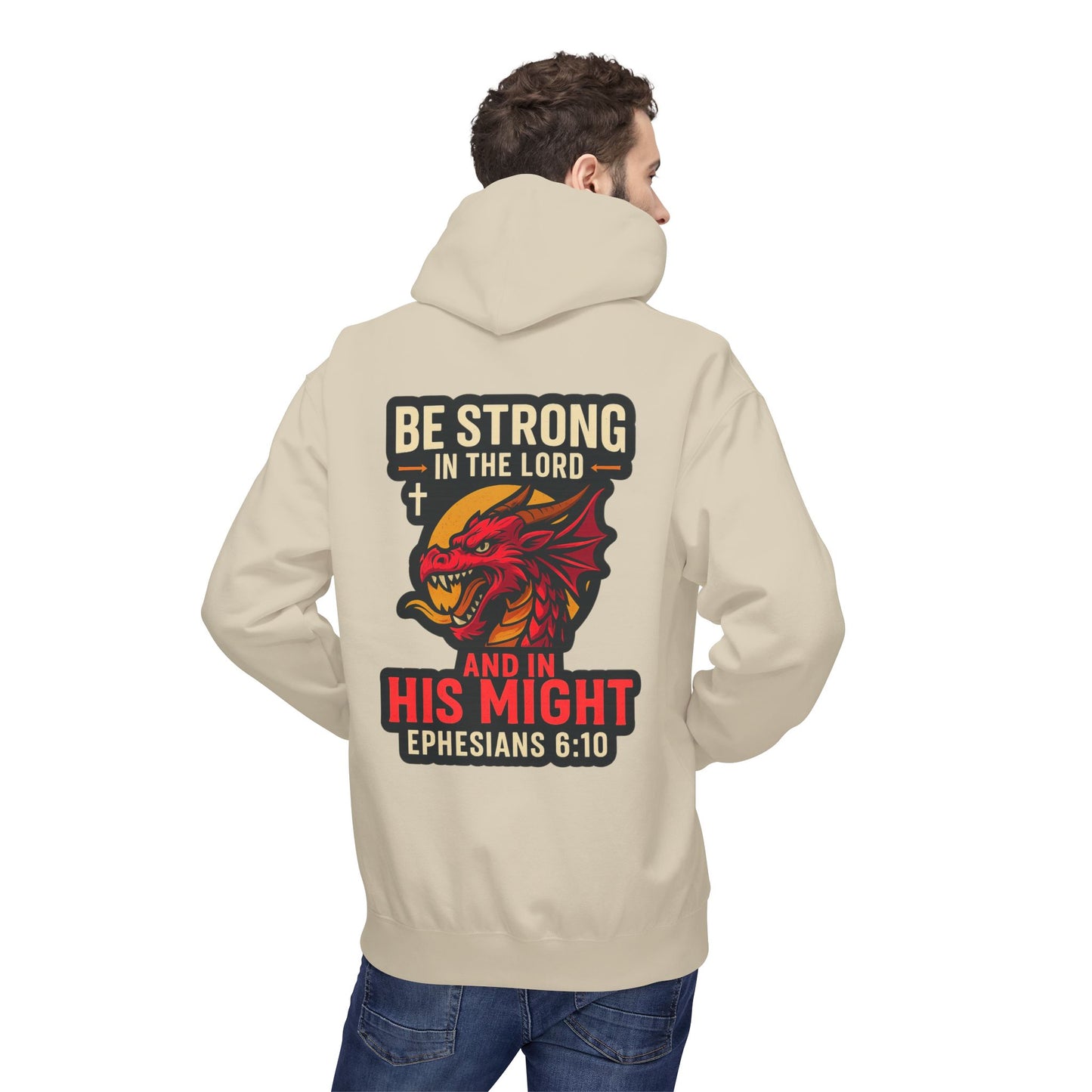 "Be Strong" Bible Verse Dragon Fleece Hoodie (Back Logo)
