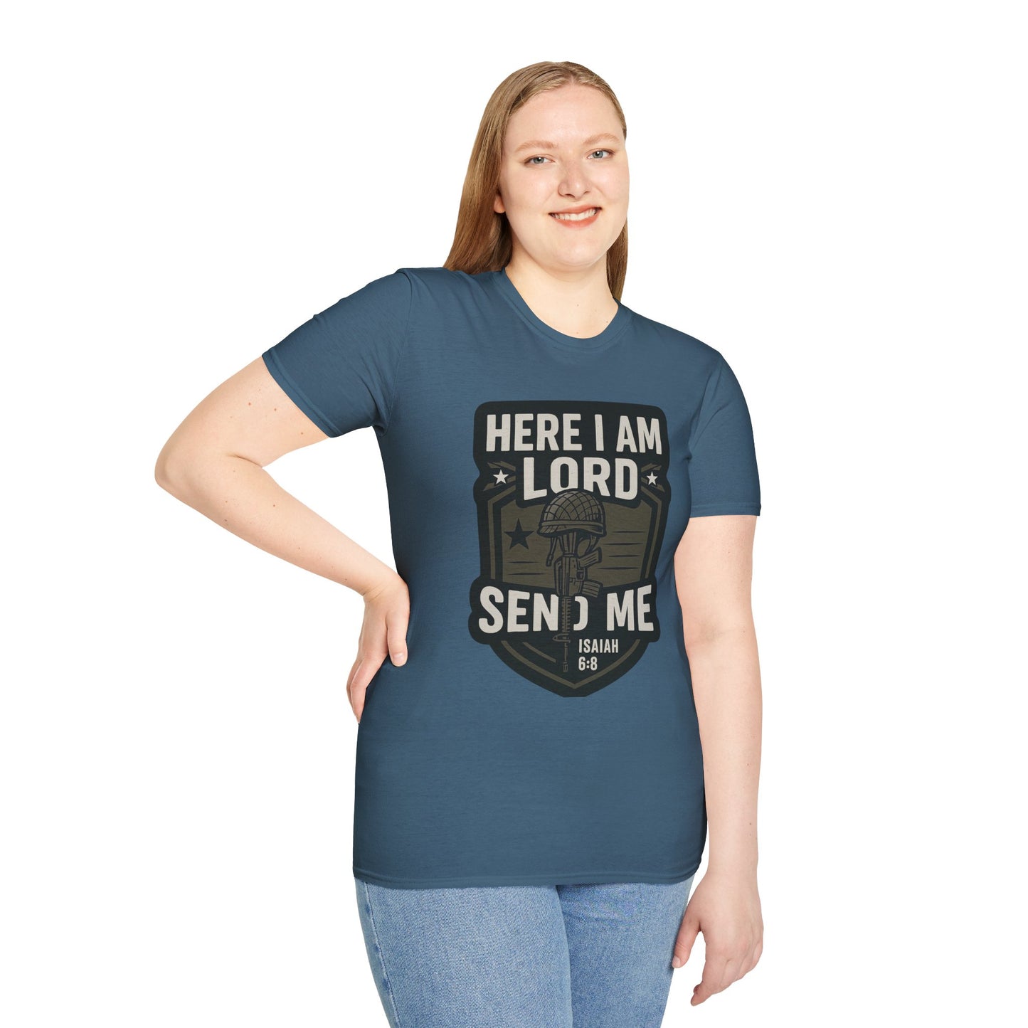 "Here I Am Lord Send Me" Bible Verse Inspirational Faith T-Shirt (Military Logo)
