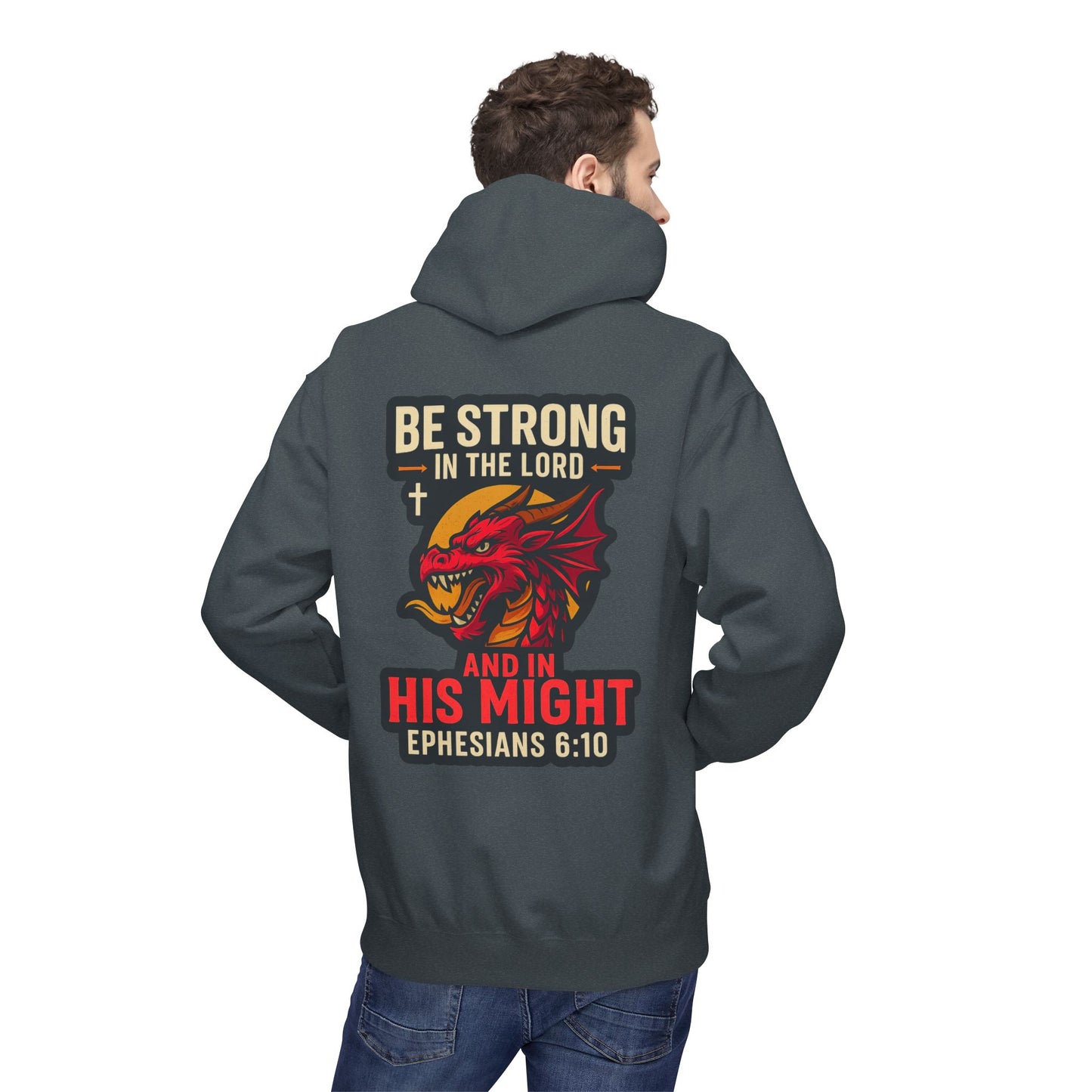 "Be Strong" Bible Verse Dragon Fleece Hoodie (Back Logo)