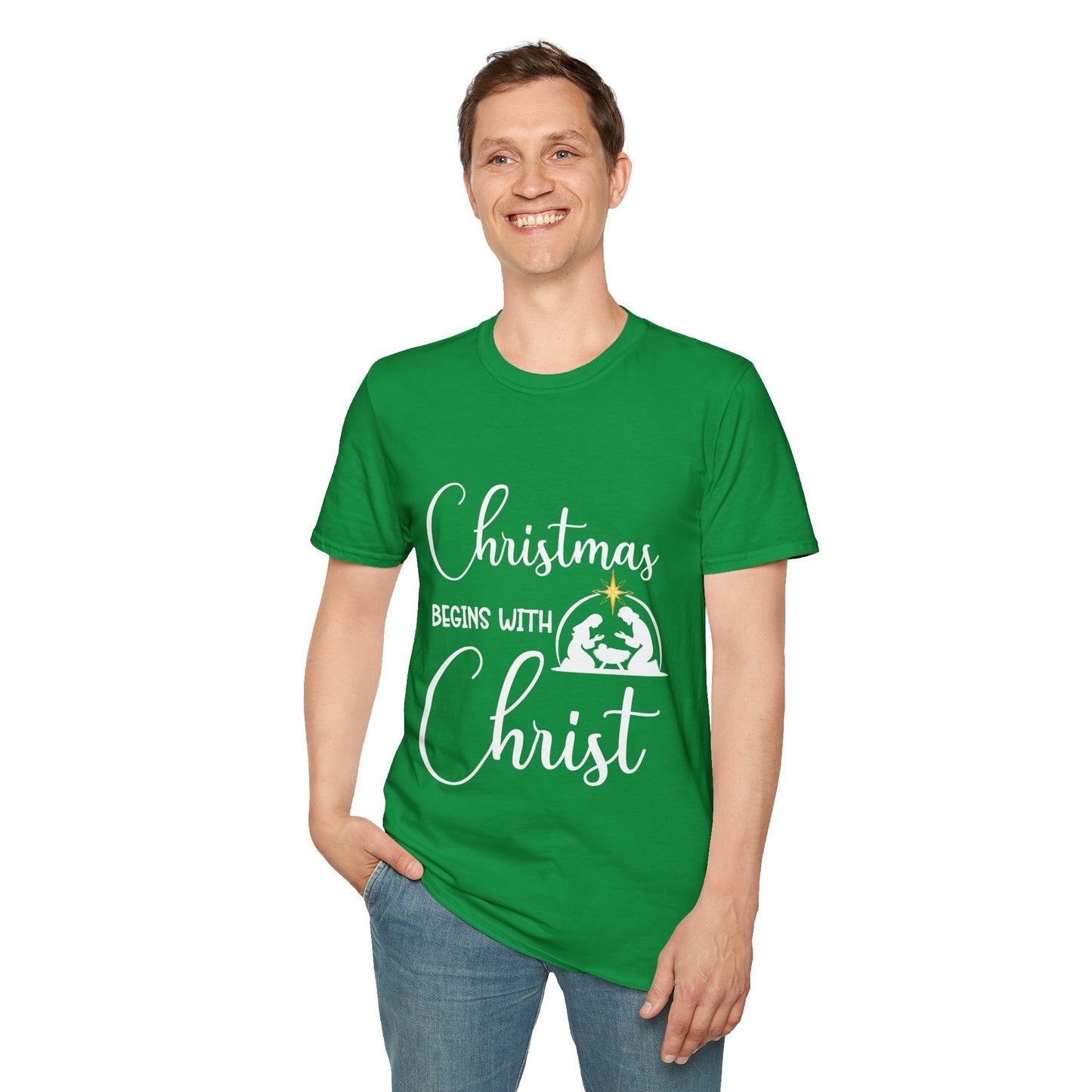 Christmas Begins with Christ Men's Tshirt (White/Gold Logo)