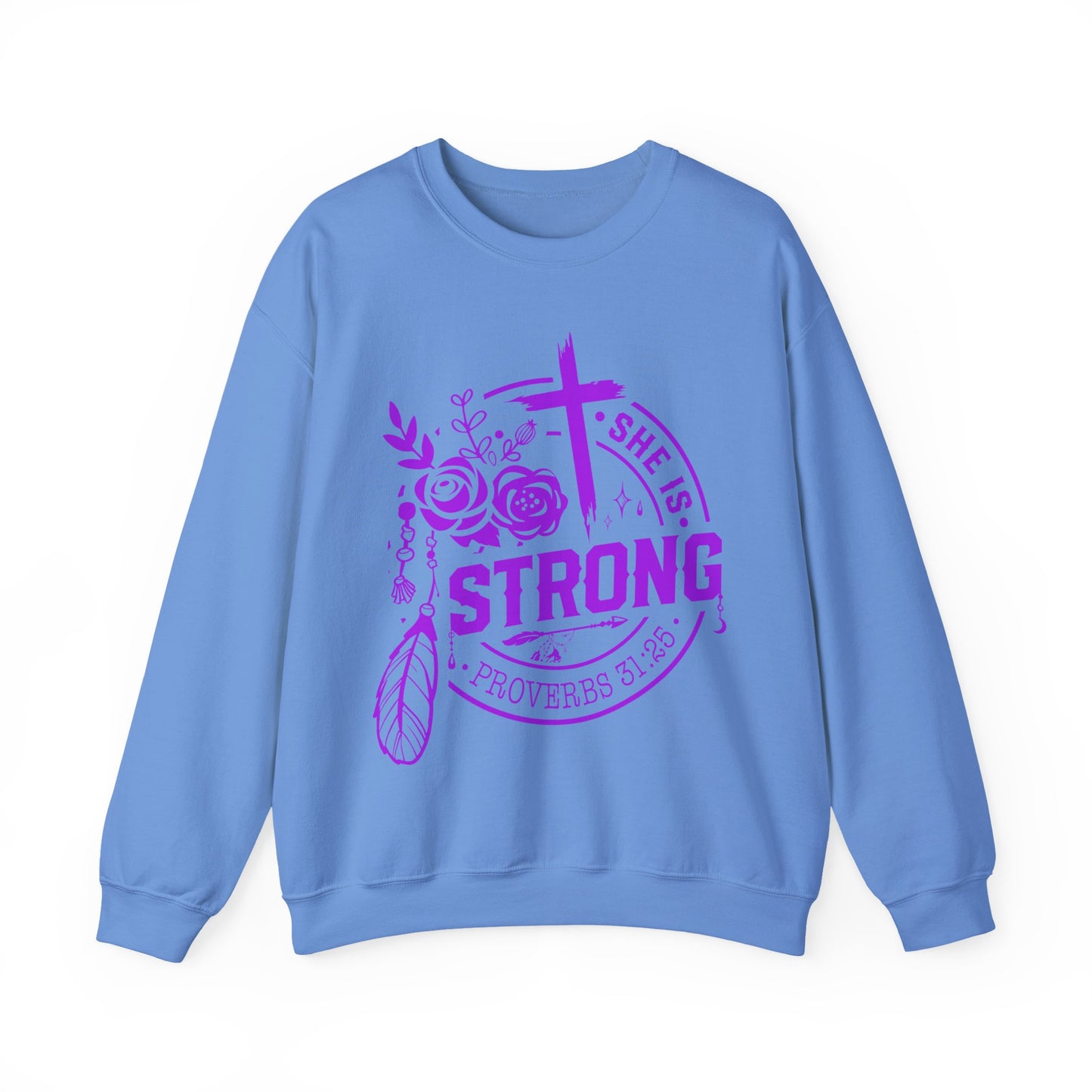 "She is Strong" Proverbs 31:25 Bible Verse Women's Sweatshirt (Hot Pink Logo)