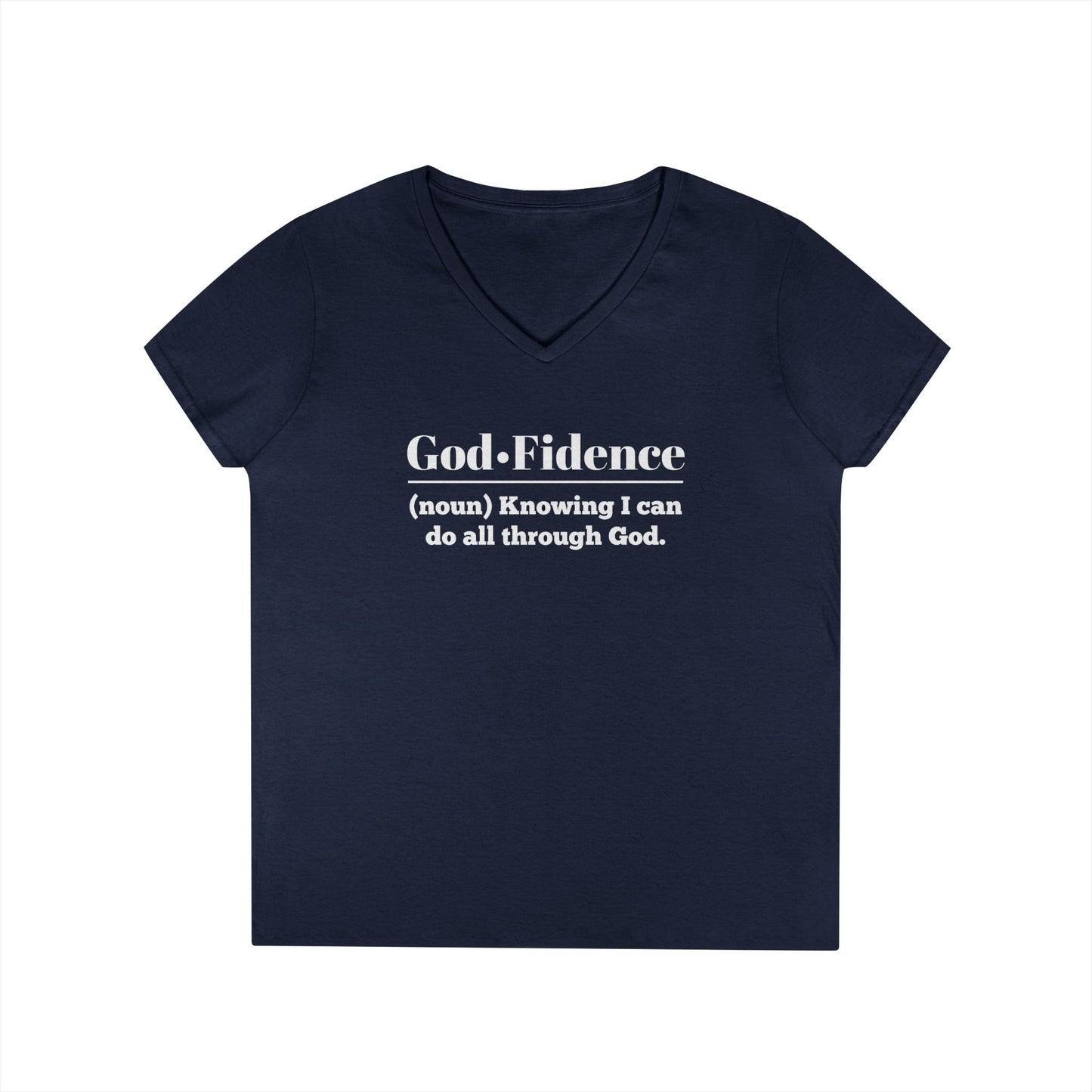"God-Fidence" Women's V-Neck T-shirt (White Logo) - Empowering Faith, Inspirational Tee, Christian Apparel, Affirmation Clothing - Sweet Baby Jeez Teez