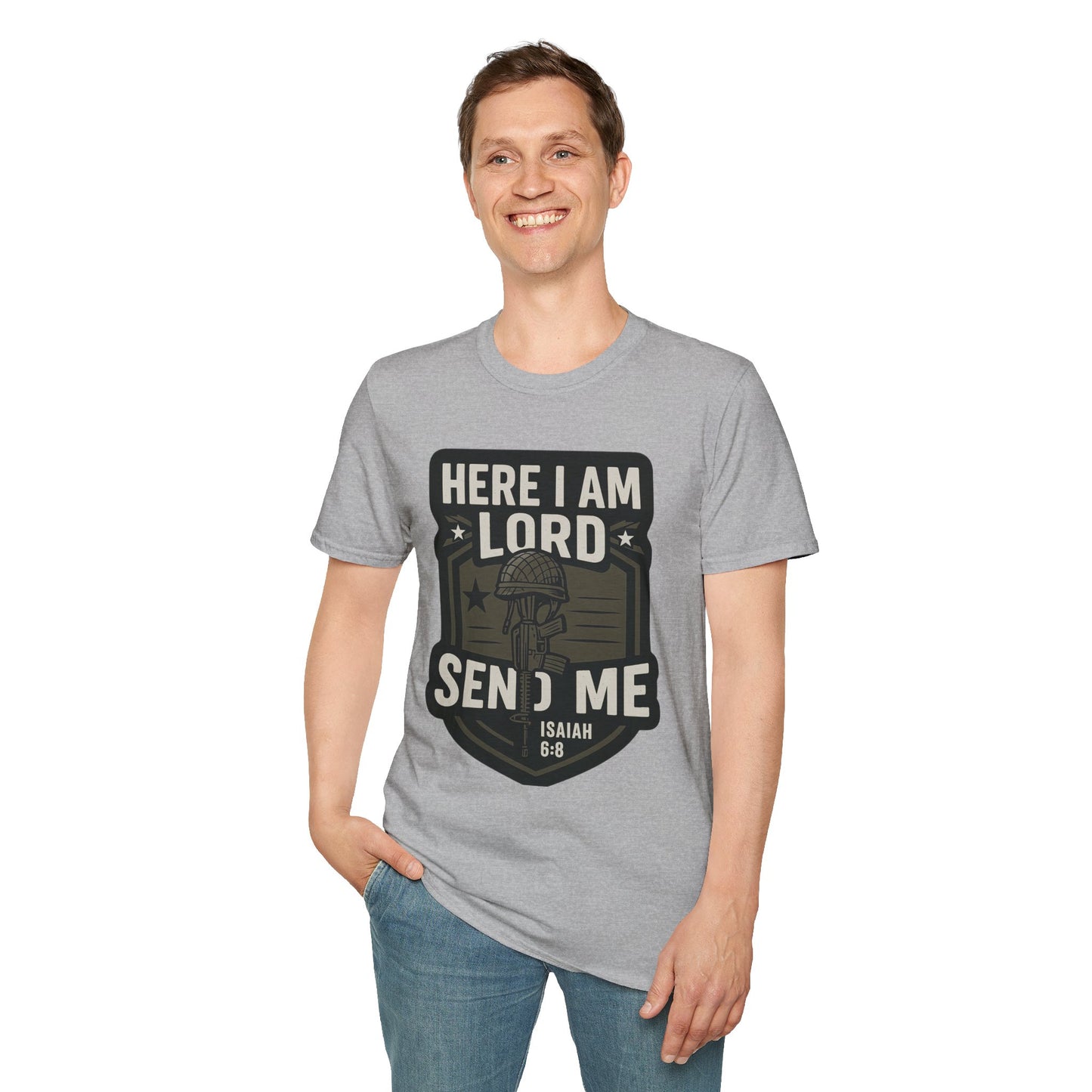 "Here I Am Lord Send Me" Bible Verse Inspirational Faith T-Shirt (Military Logo)