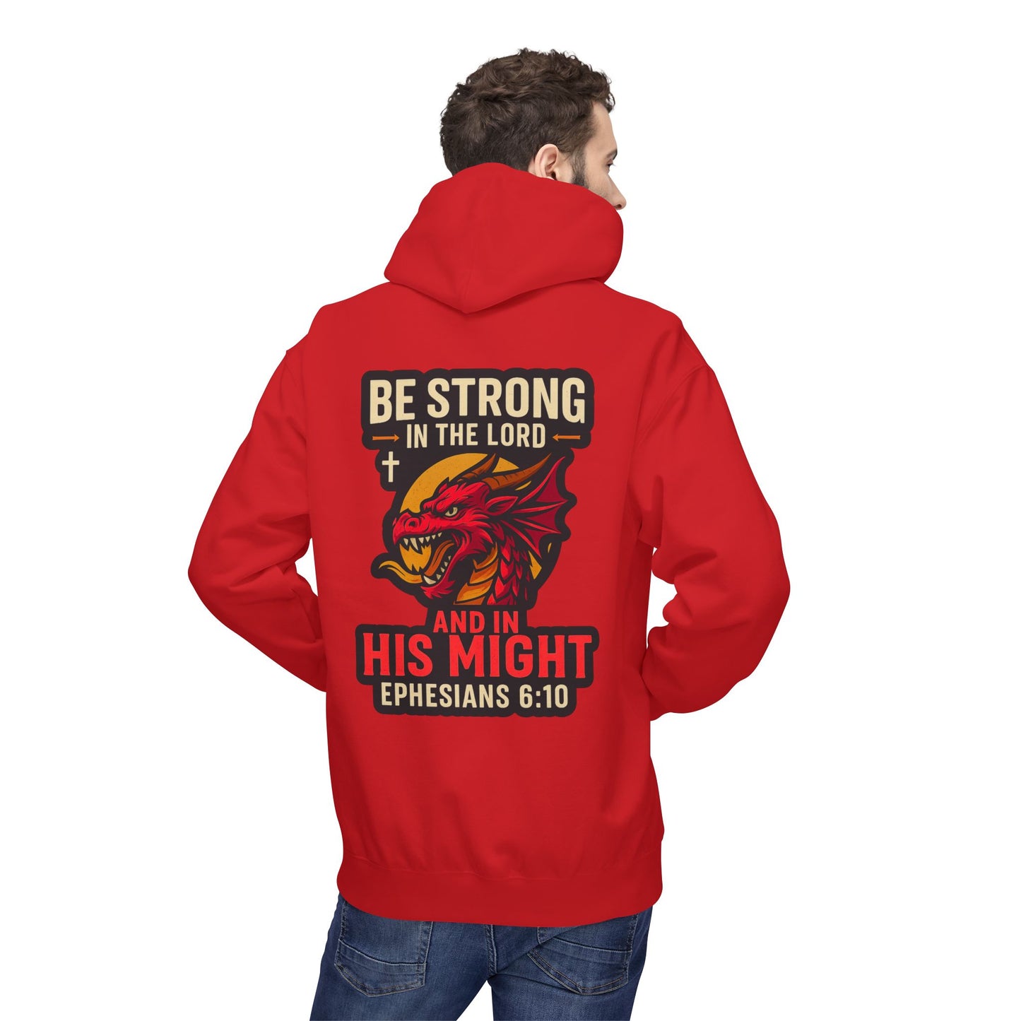 "Be Strong" Bible Verse Dragon Fleece Hoodie (Back Logo)