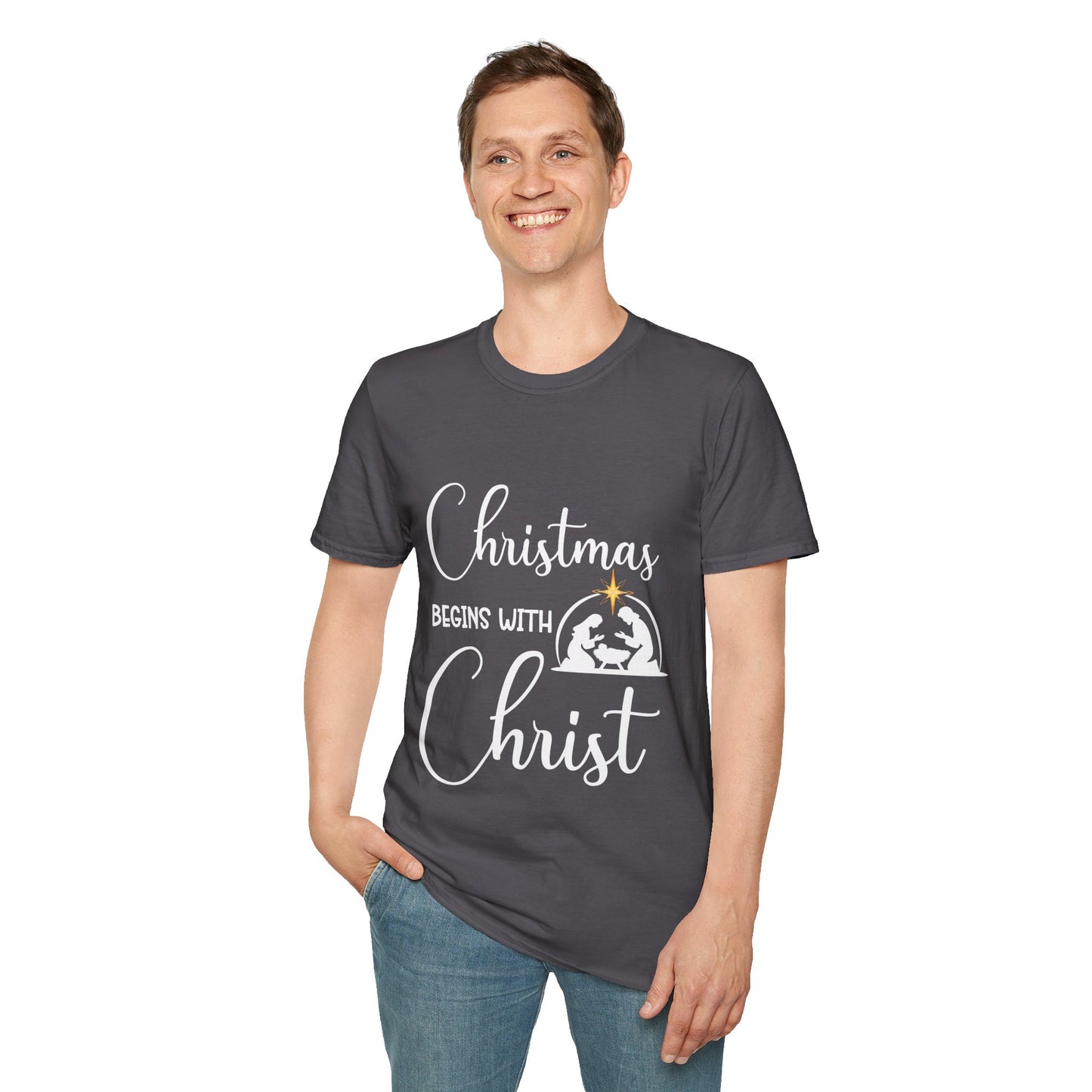 Christmas Begins with Christ Men's Tshirt (White/Gold Logo)
