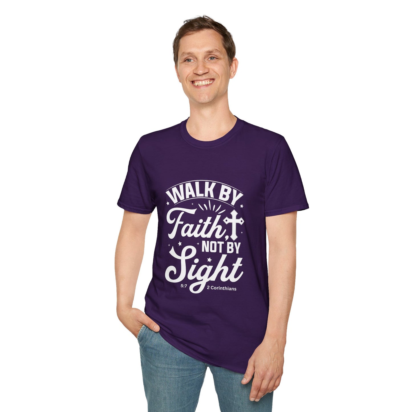 Walk by Faith 2 Corinth. 5:7 Bible Verse Christian Softstyle Tshirt (White Logo)