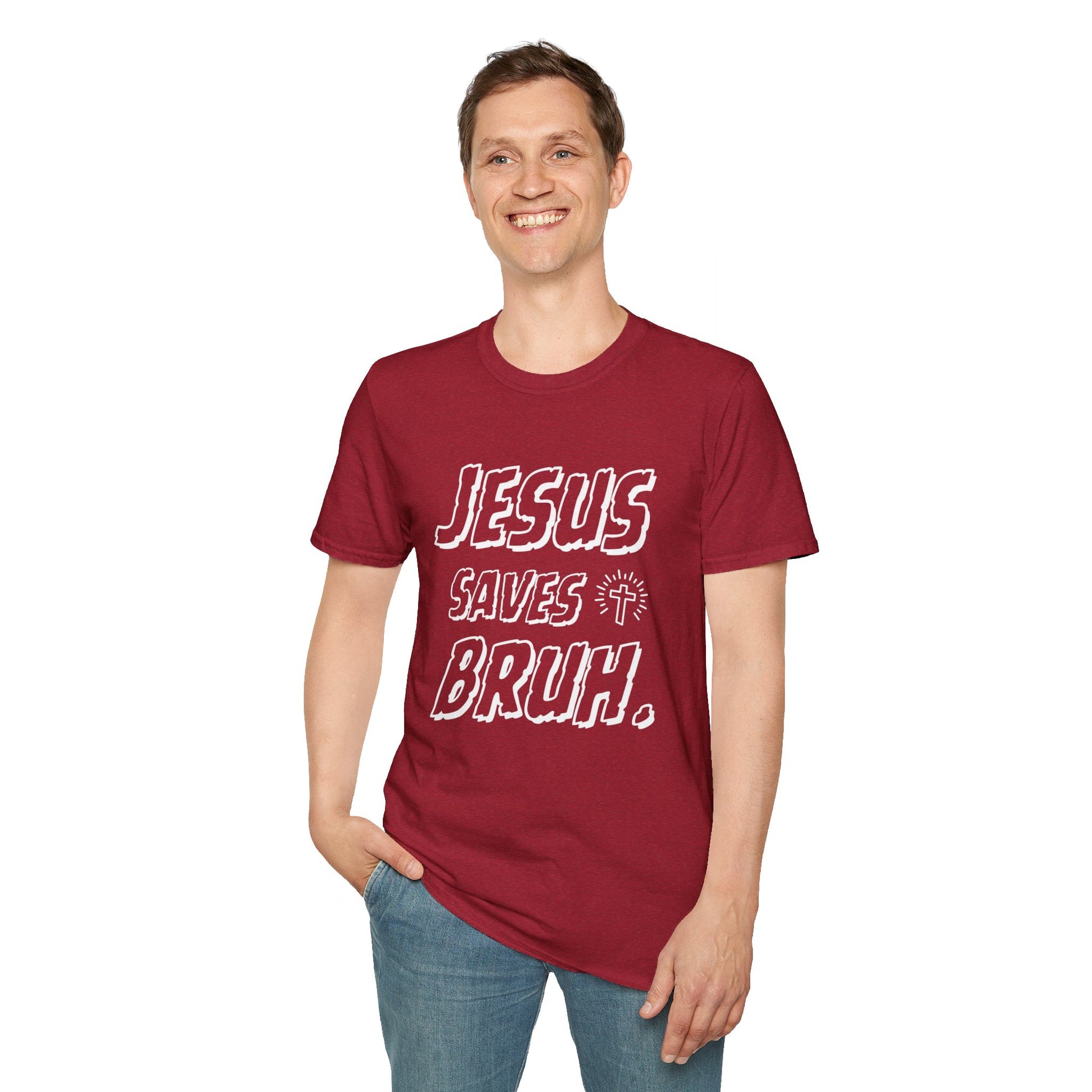 Jesus Saves Bruh Men's Tshirt (White Logo) - Sweet Baby Jeez Teez