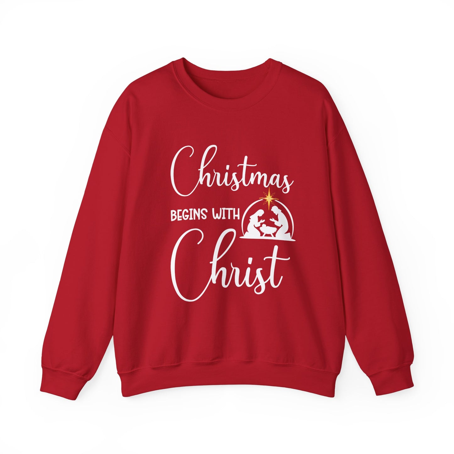 Christmas Begins with Christ Heavy Crewneck Sweatshirt (White/Gold Logo) - Sweet Baby Jeez Teez