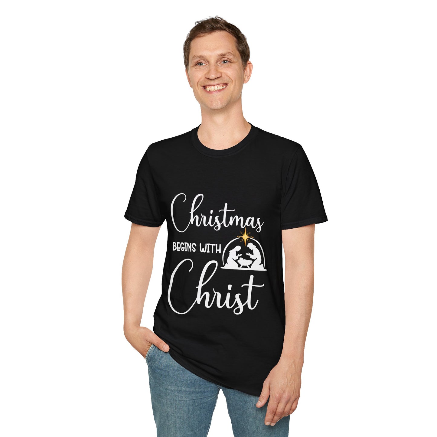 Christmas Begins with Christ Men's Tshirt (White/Gold Logo)