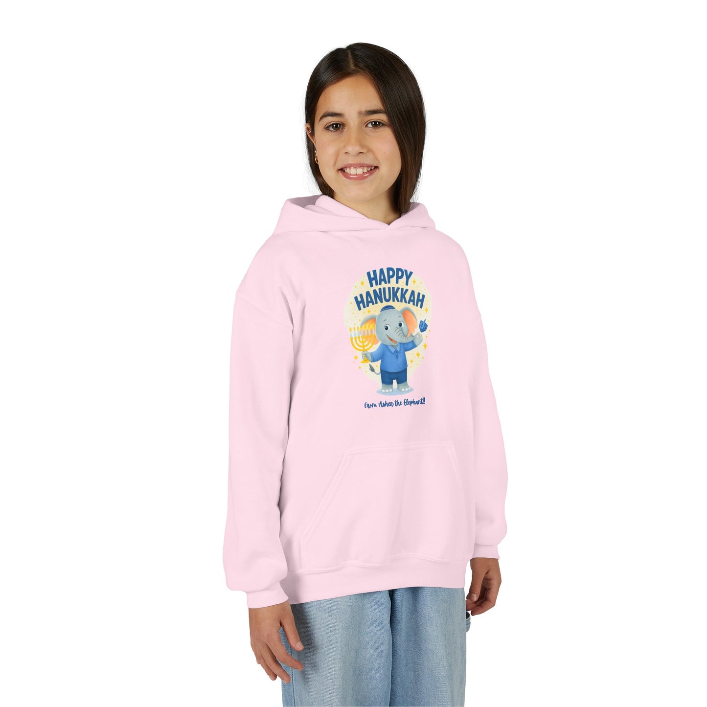 Happy Hanukkah Asher the Elephant Kids Hoodie (Standing Logo)