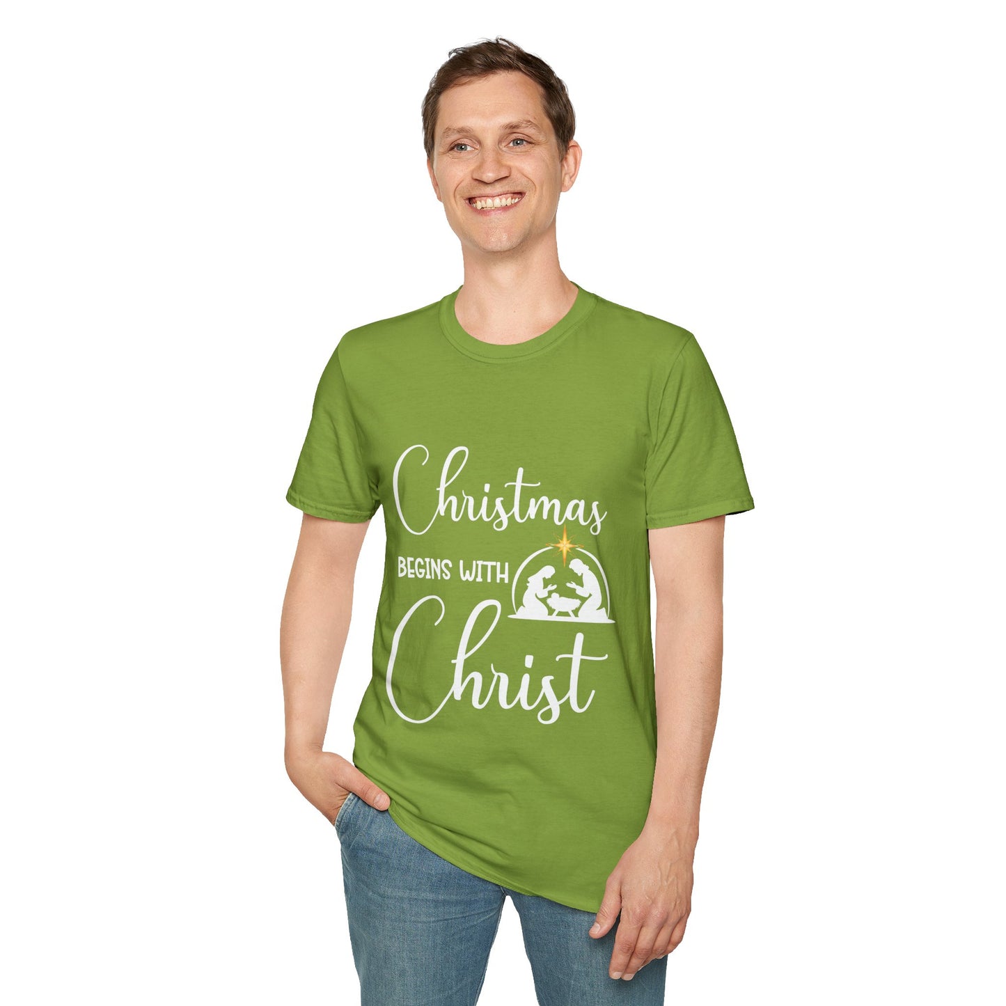 Christmas Begins with Christ Men's Tshirt (White/Gold Logo)