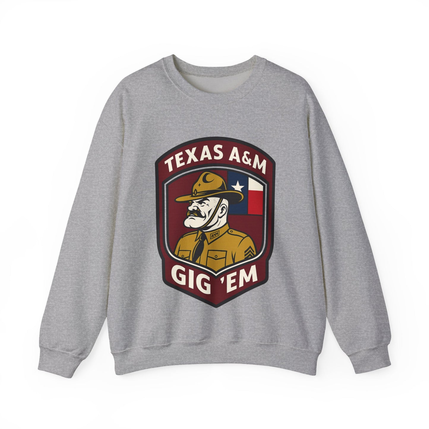 Gig 'Em Aggies Old Sarge Crest Texas A&M Soft Cozy Sweatshirt (Texas Flag Logo 3)