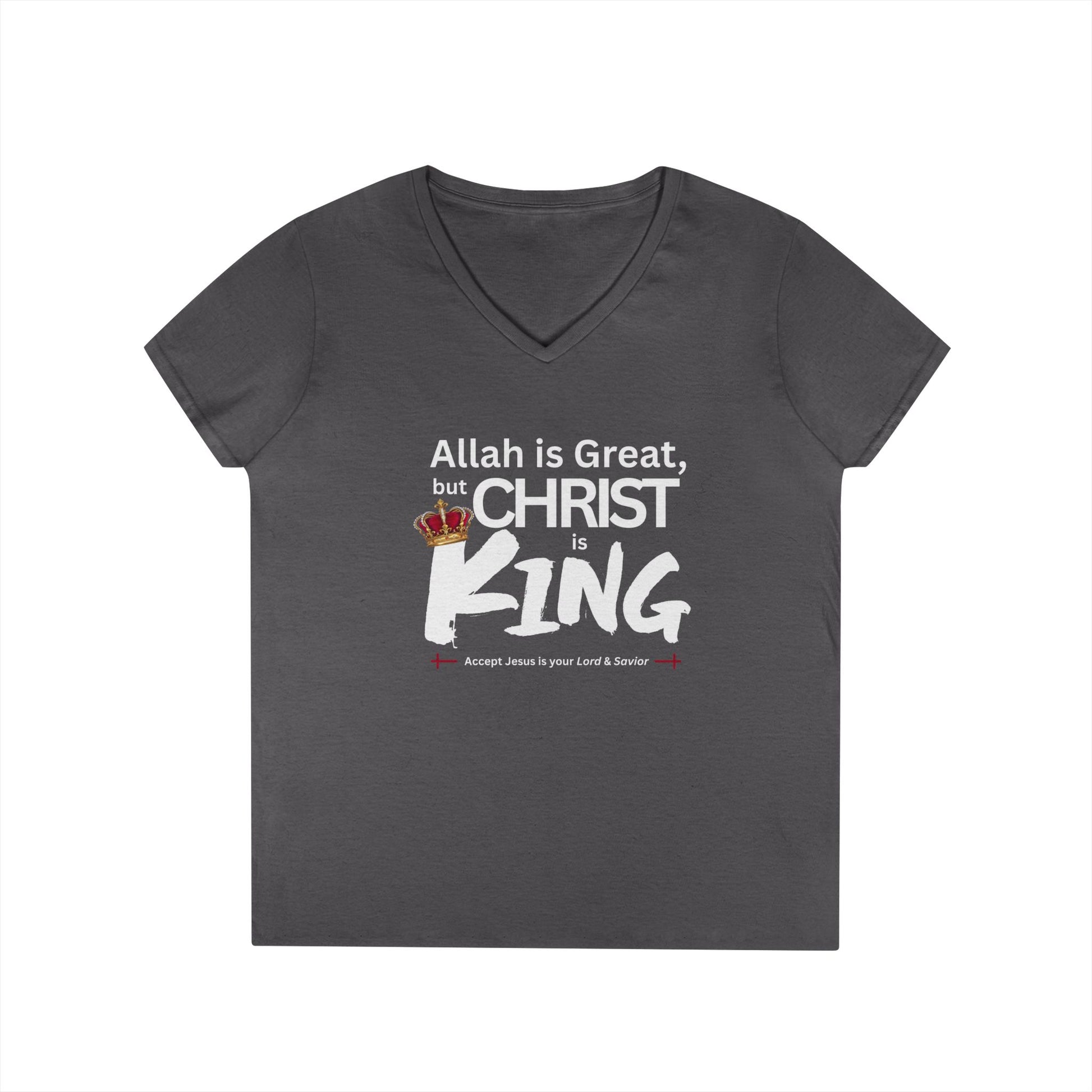 "Christ is King" Women's V-Neck Tshirt (Great Logo - White) - Sweet Baby Jeez Teez