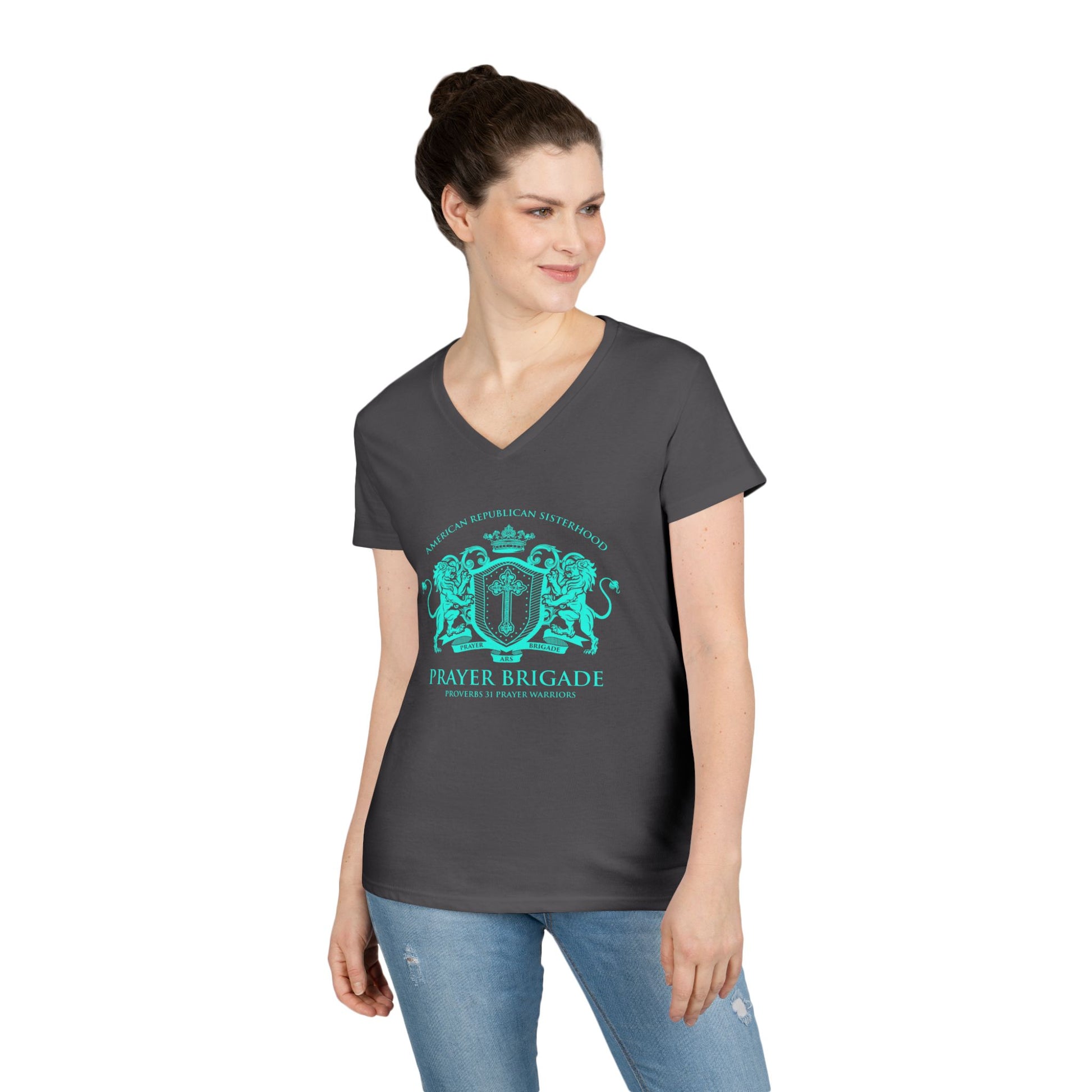 ARS Prayer Brigade Ladies' V-Neck T-Shirt (Purple with Aqua Logo) - Sweet Baby Jeez Teez