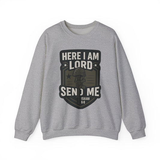 "Here I Am Lord Send Me" Bible Verse Inspirational Faith Sweatshirt (Military Logo)