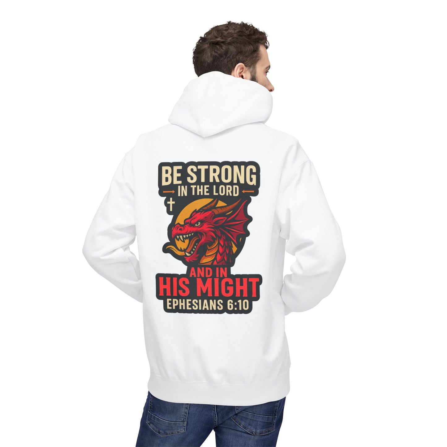 "Be Strong" Bible Verse Dragon Fleece Hoodie (Back Logo)
