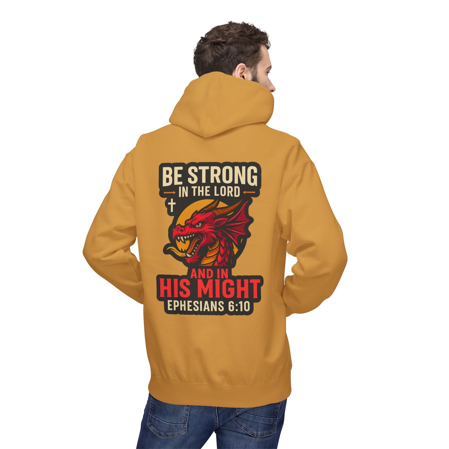 "Be Strong" Bible Verse Dragon Fleece Hoodie (Back Logo)