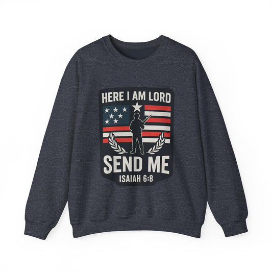 "Here I Am Lord" Isaiah 6:8 Bible Verse Christian Sweatshirt (Soldier Logo)