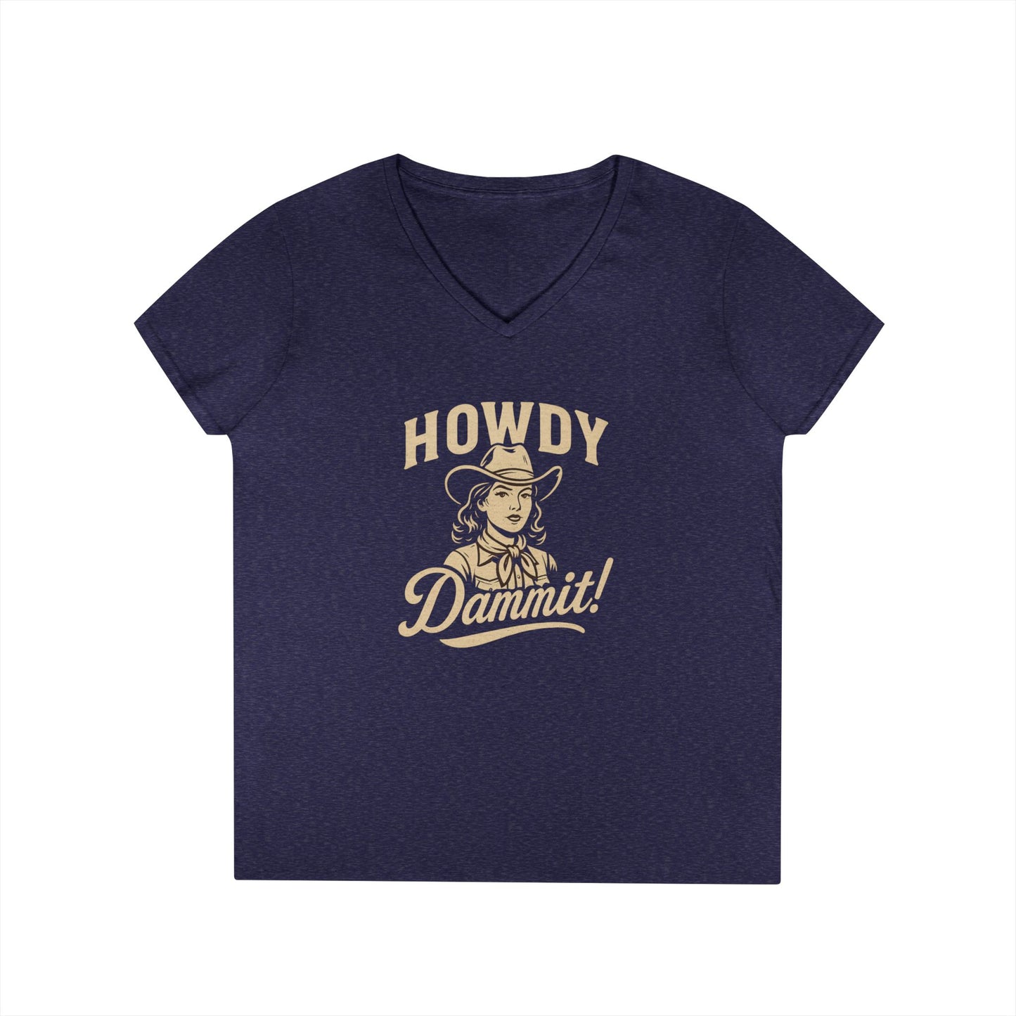 Howdy Dammit! Aggie Texas Cowgirl Ladies V-Neck Tshirt (Gold Logo)