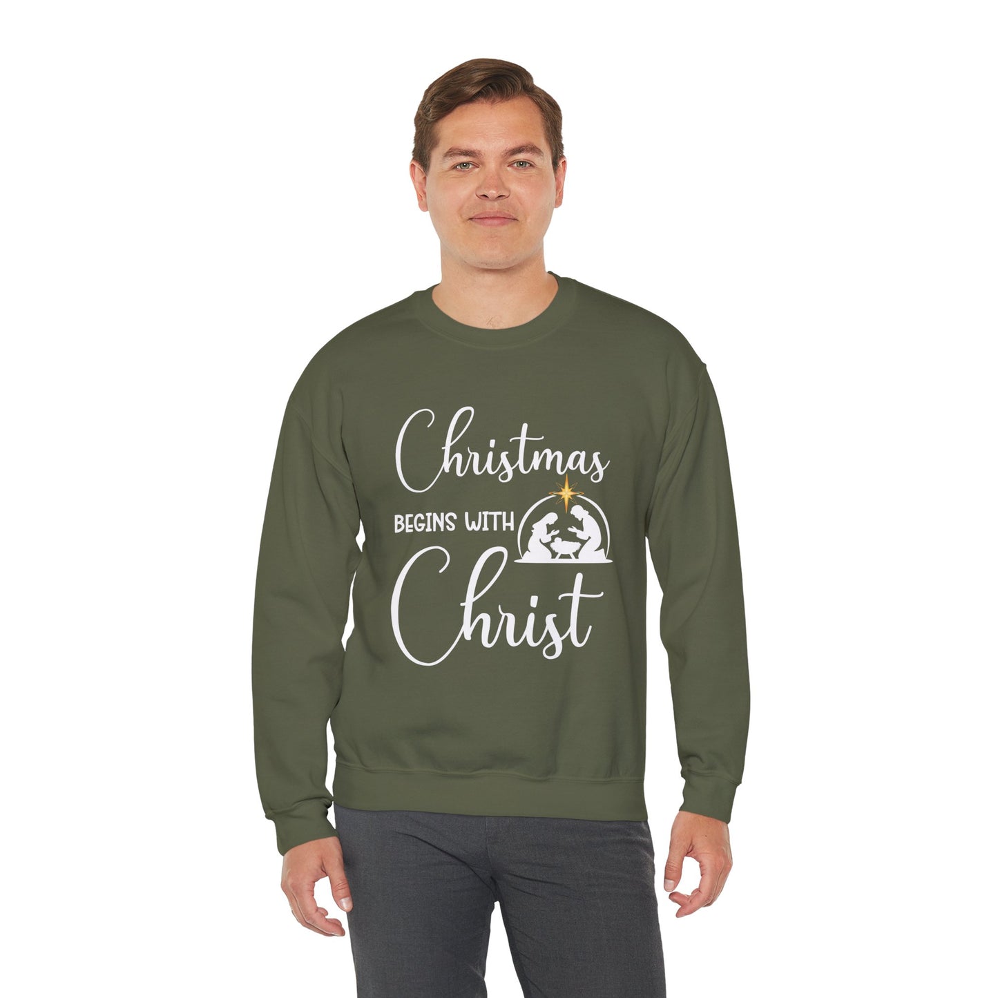Christmas Begins with Christ Heavy Crewneck Sweatshirt (White/Gold Logo) - Sweet Baby Jeez Teez