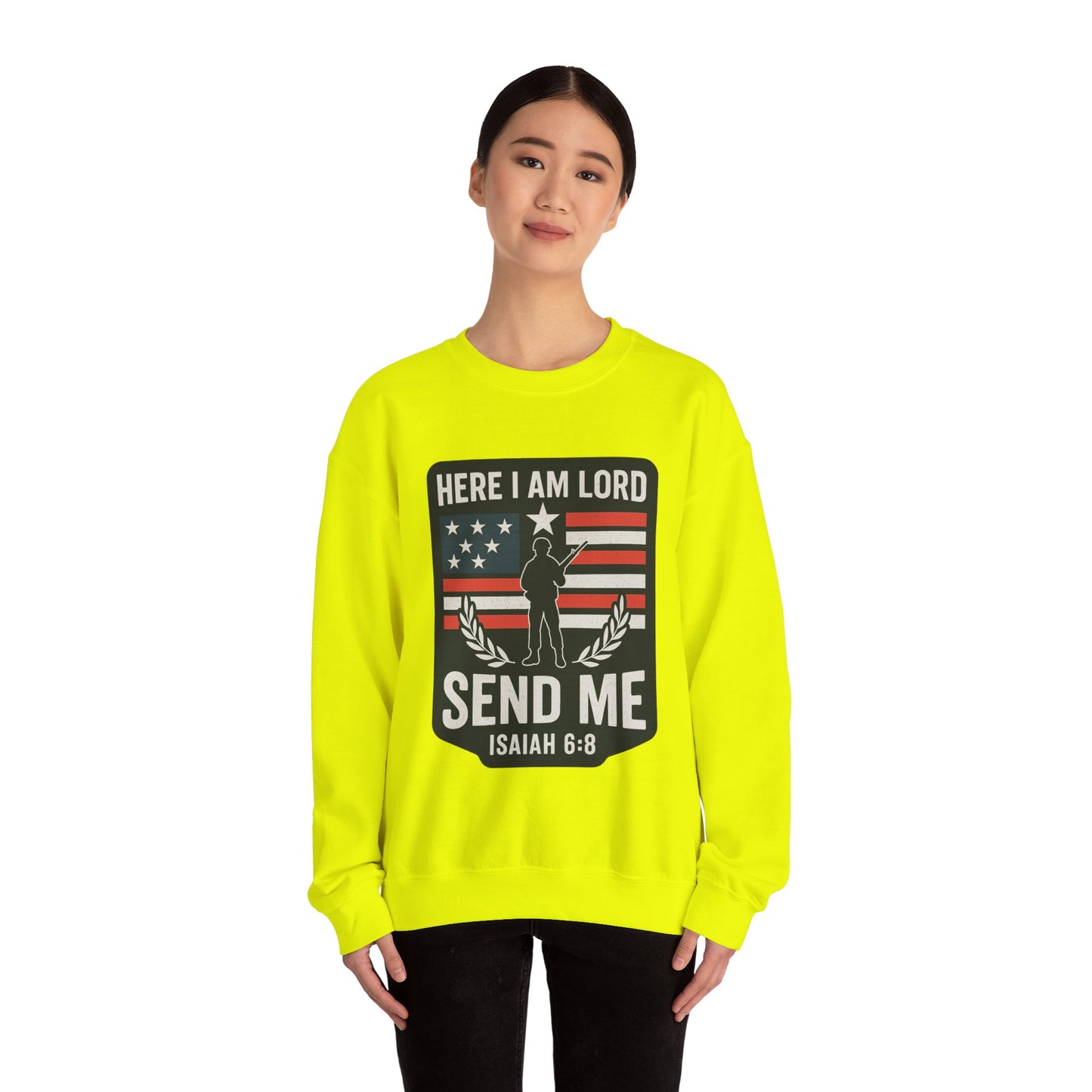 "Here I Am Lord" Isaiah 6:8 Bible Verse Christian Sweatshirt (Soldier Logo)