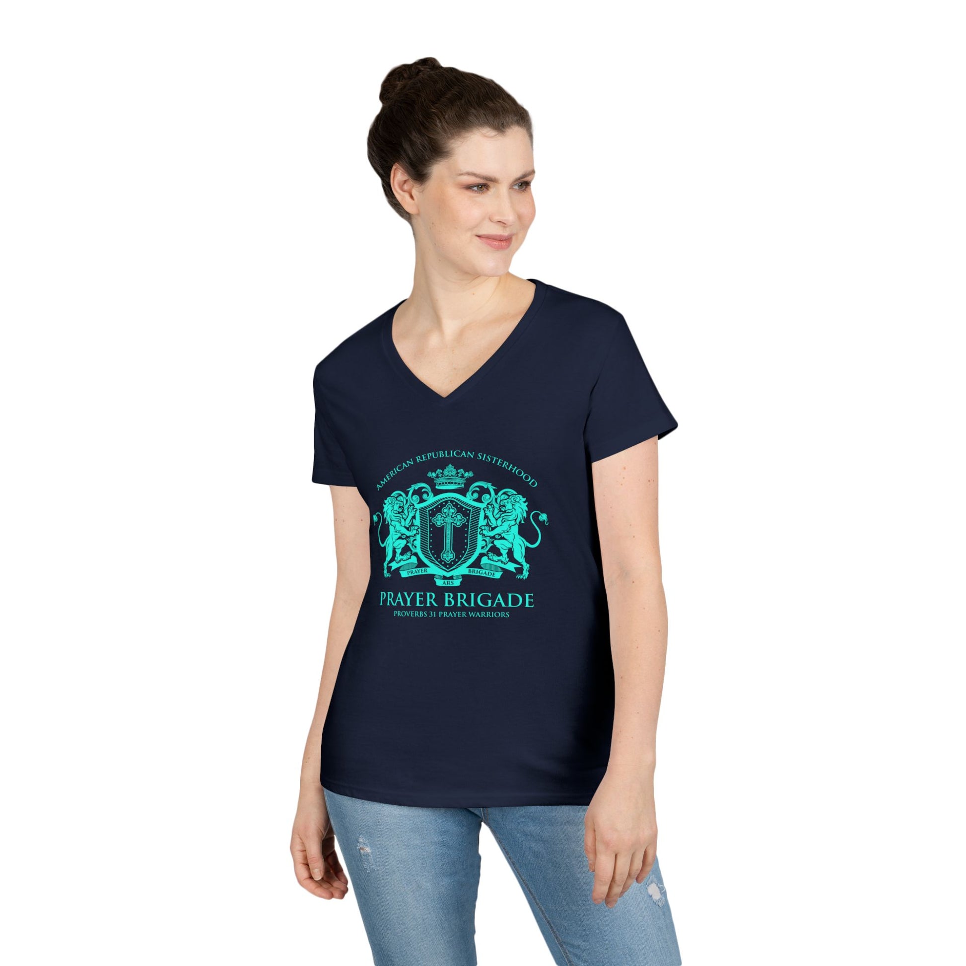 ARS Prayer Brigade Ladies' V-Neck T-Shirt (Purple with Aqua Logo) - Sweet Baby Jeez Teez
