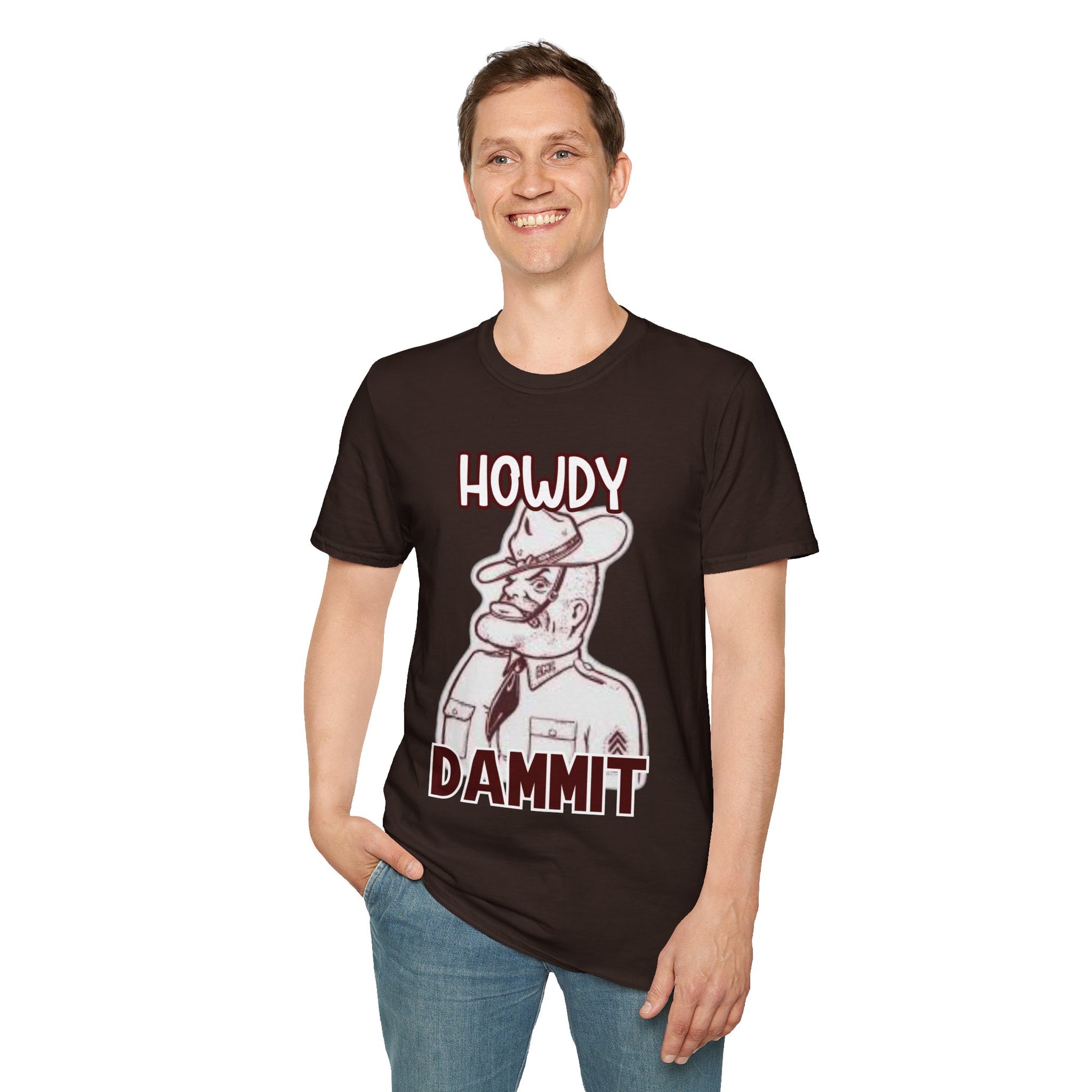 Howdy Dammit Men's Tshirt (Aggie - Old  Sarge Logo) - Sweet Baby Jeez Teez
