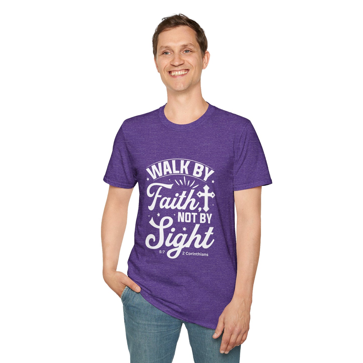 Walk by Faith 2 Corinth. 5:7 Bible Verse Christian Softstyle Tshirt (White Logo)