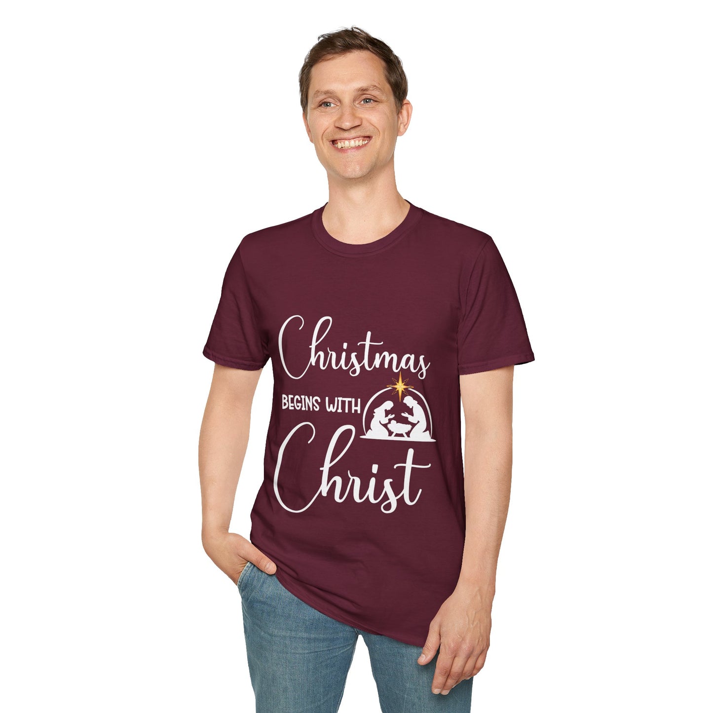 Christmas Begins with Christ Men's Tshirt (White/Gold Logo)