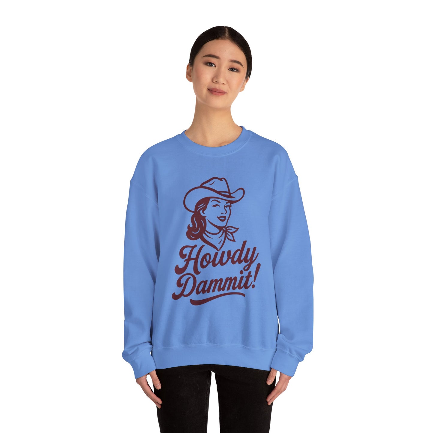 Howdy Dammit! Aggie Texas Cowgirl Cozy Unisex Sweatshirt (Maroon Logo)