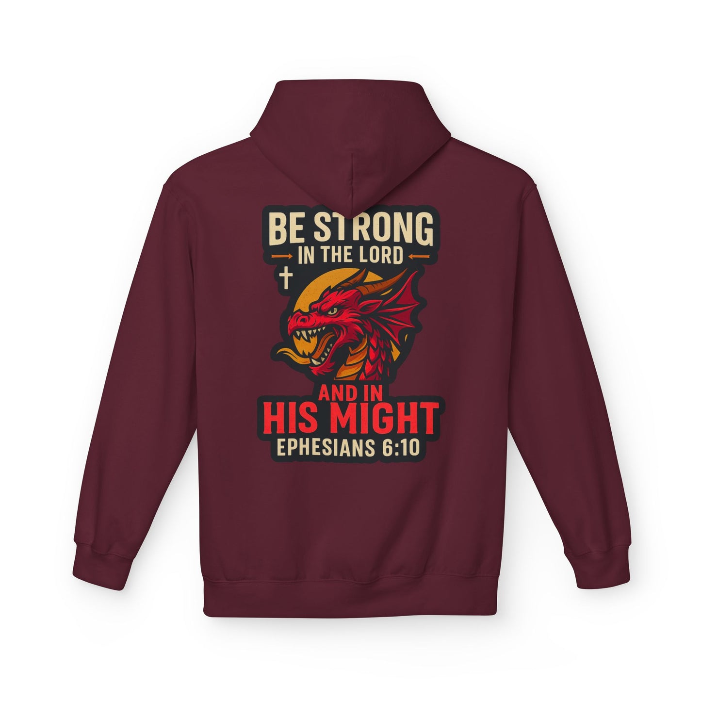 "Be Strong" Bible Verse Dragon Fleece Hoodie (Back Logo)