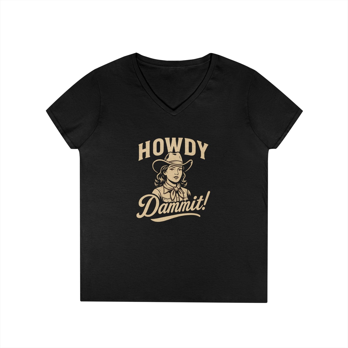 Howdy Dammit! Aggie Texas Cowgirl Ladies V-Neck Tshirt (Gold Logo)